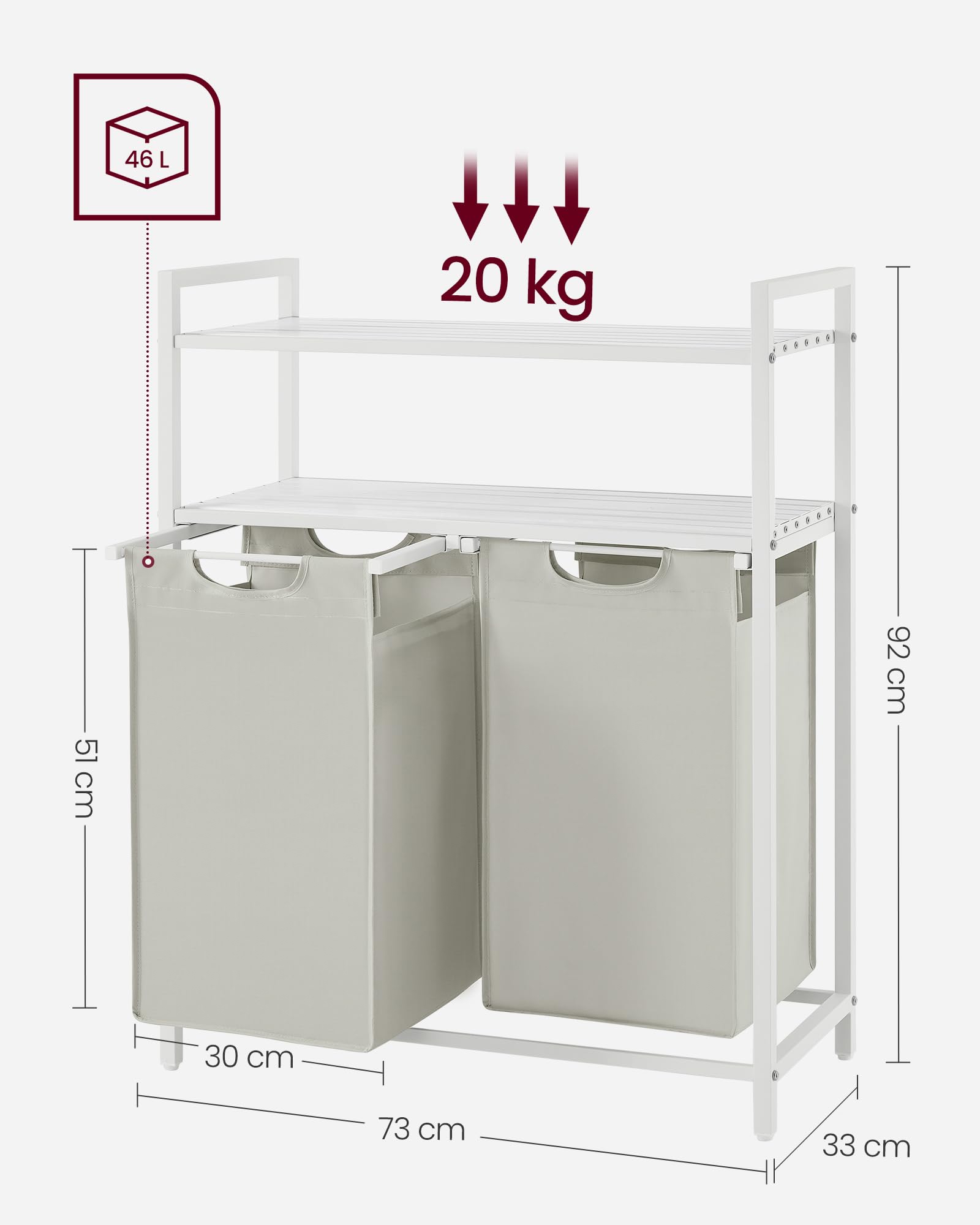 VASAGLE Cesto para Ropa Sucia, Cesta Colada Desmontable con 2 Bolsas Extraíbles, 2 Estantes, 46 L por Bolsa, para Baño, Lavandería, Blanco BLH211W01