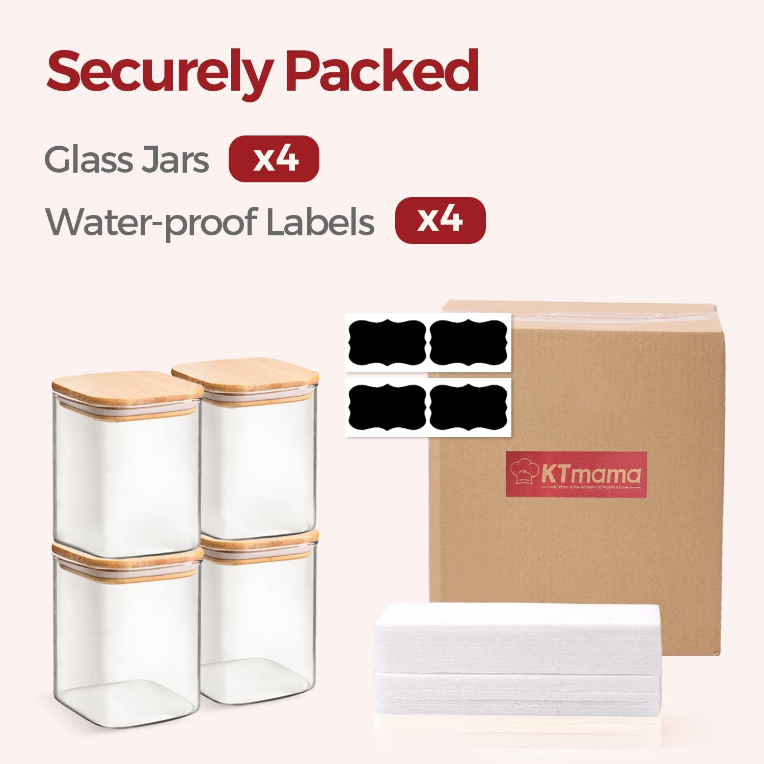 1Qt Airtight Glass Canisters with Bamboo Lid, Square Pantry Storage Containers for Coffee, Cookie, Candy, Snack, Nuts, Dry Goods - Kitchen & Pantry Organizers and Storage Containers 4 pack