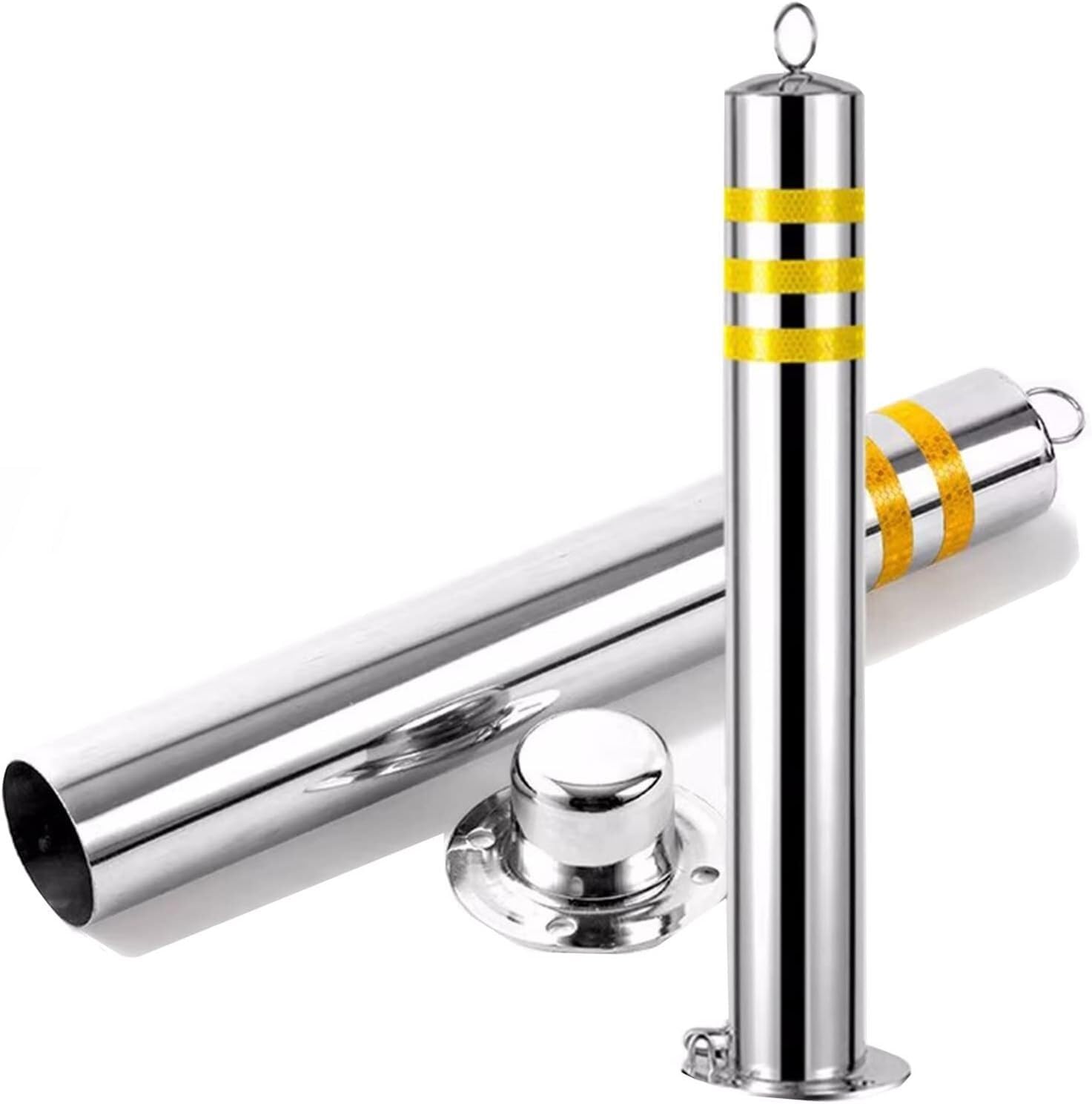 WOTZOV Heavy-Duty Stainless Steel Parking Lot Bers With Lock & Base, Reflective Tape Security Bollard Posts For Driveway - 75Cm Traffic Cone Poles,2pack 75cm/29.5in
