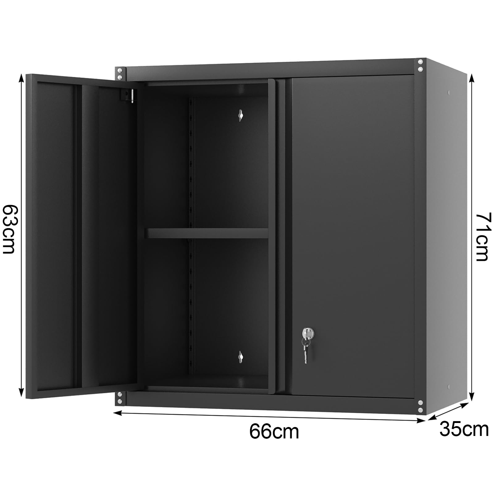 GREATMEET Hängeschrank Metall Werkzeugschrank mit Klapptür, wandmontierte Garagen-Aufbewahrungsschränke mit 1 verstellbarem Regal und 2 Türen, Stahlschrank für Garage, Büro und Zuhause, Schwarz