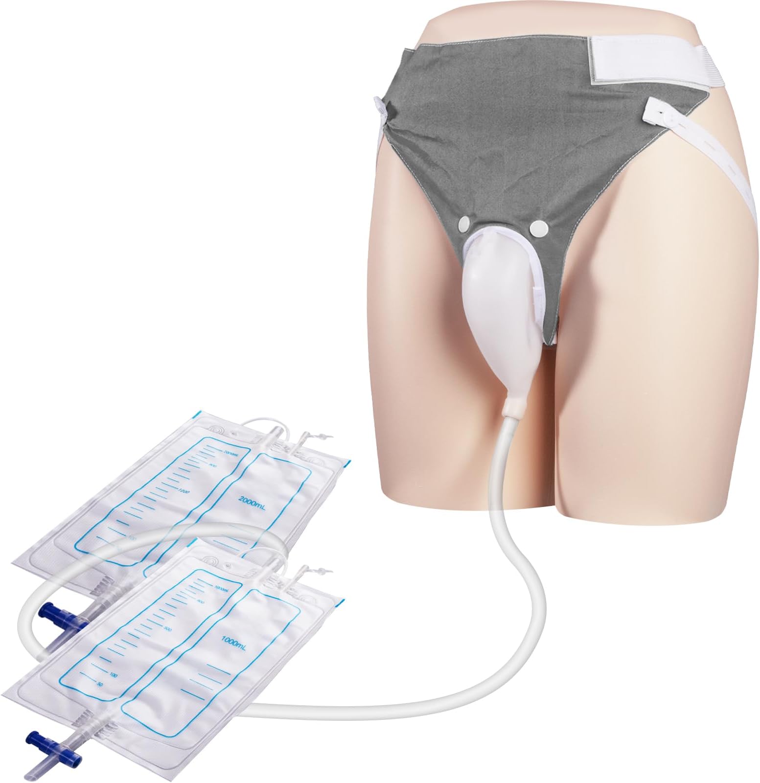 Wearable Urine Collector Set Includes 2 Drainage Bags (1000ml/2000ml), Reusable Silicone Catheter, Comfortable Adjustable Cotton Pants for Day & Night Use, Elderly Men Grey