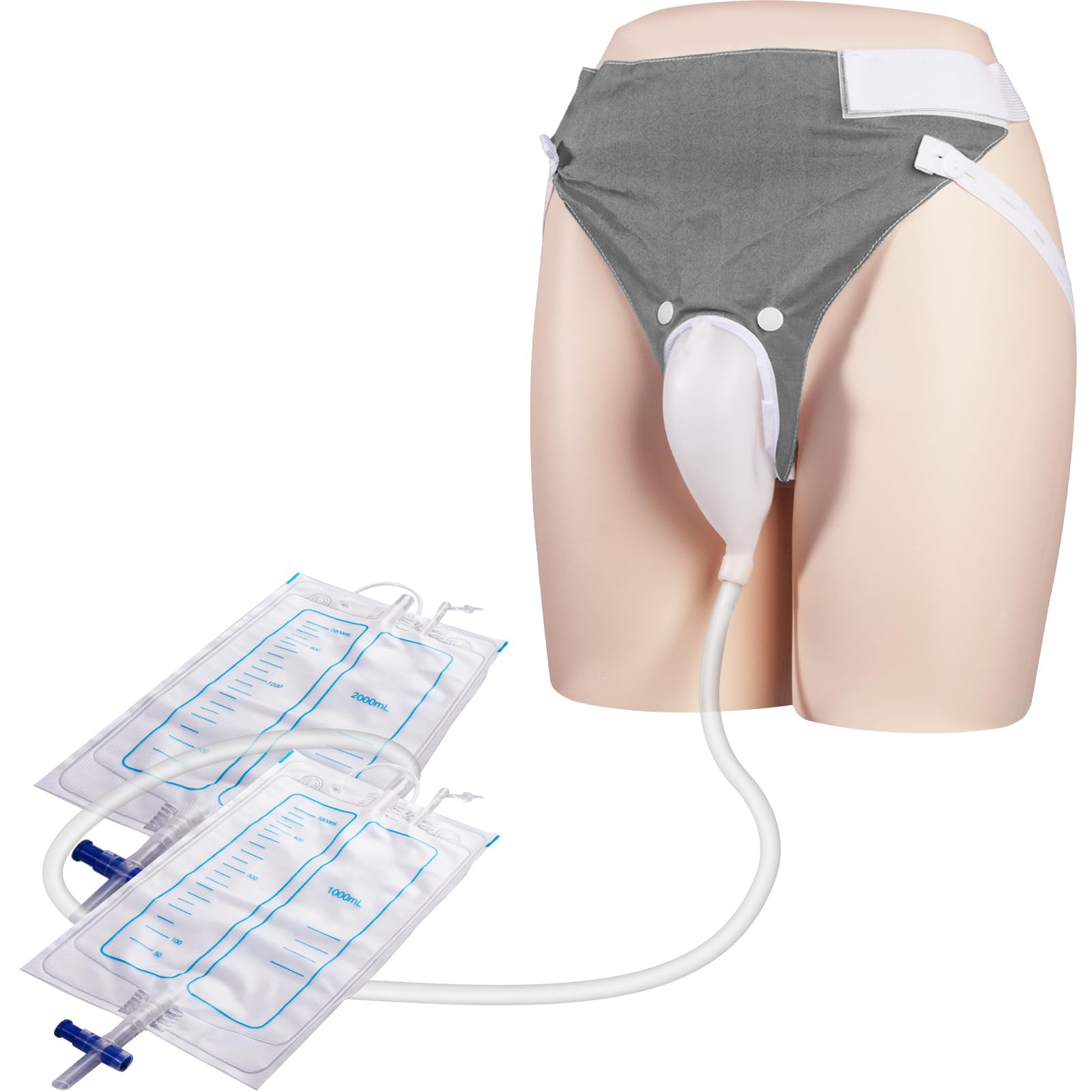 Wearable Urine Collector Set Includes 2 Drainage Bags (1000ml/2000ml), Reusable Silicone Catheter, Comfortable Adjustable Cotton Pants for Day & Night Use, Elderly Men Grey