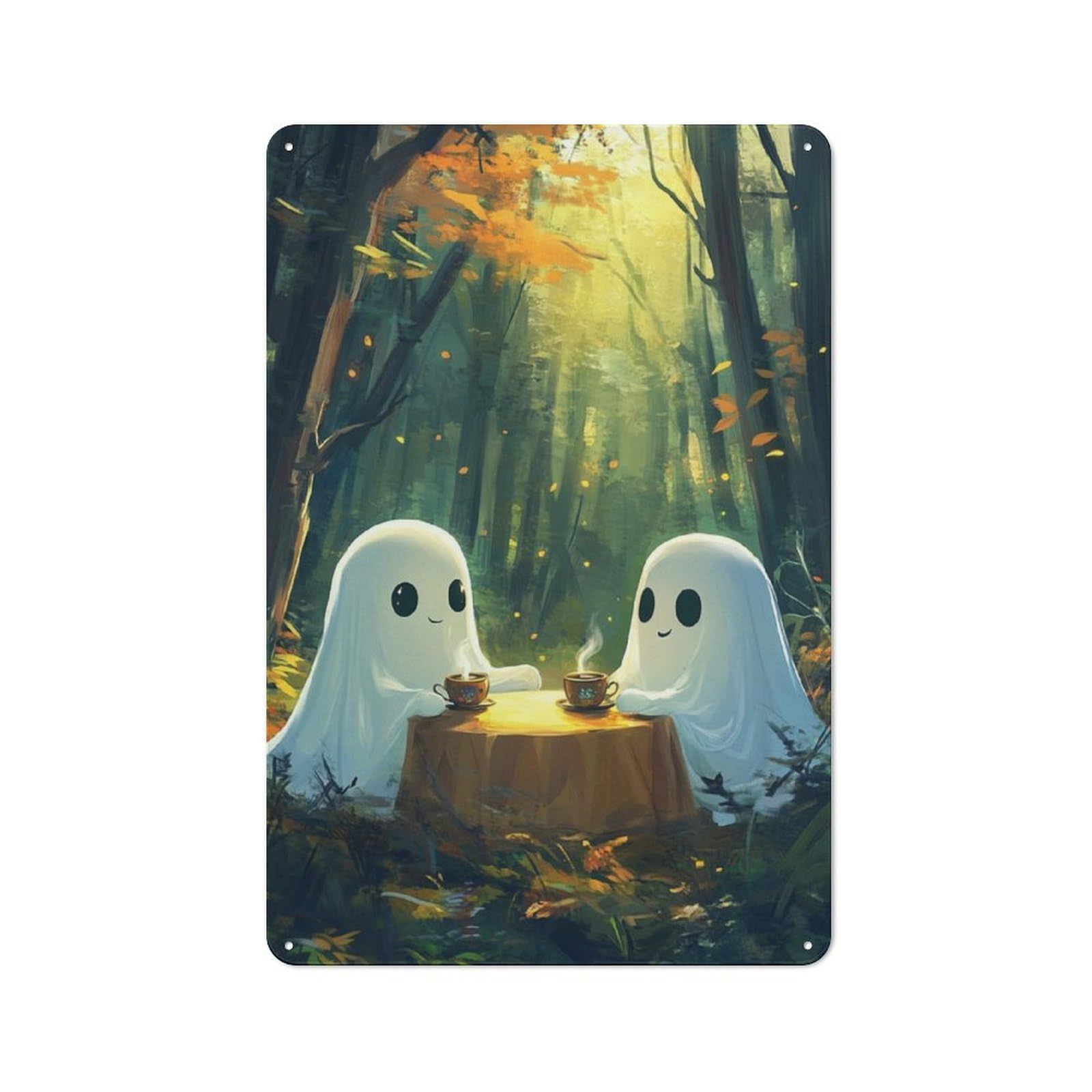 Junmoney Halloween Ghost Tea Party Metal Plaque 30X20cm With For Garage Wall, Vintage Decor, For Vintage Wall Decor Fans, For Metal Sign Collectors