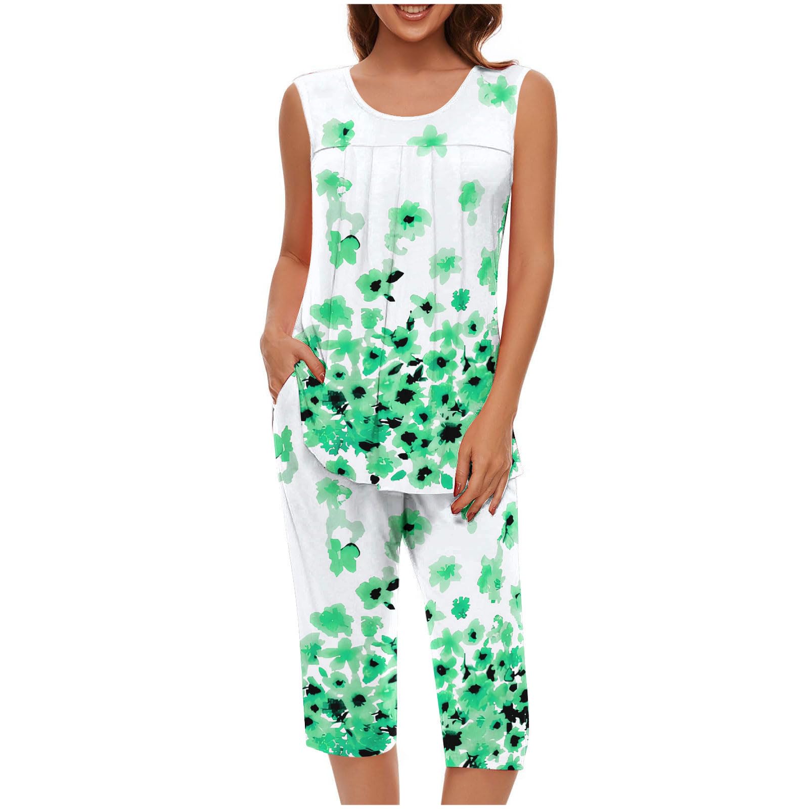 Pajama Sets for Women Summer Plus Size Lounge Sleepwear Loose Sleeveless Tops Printed Bermuda Shorts with Pockets — view 24