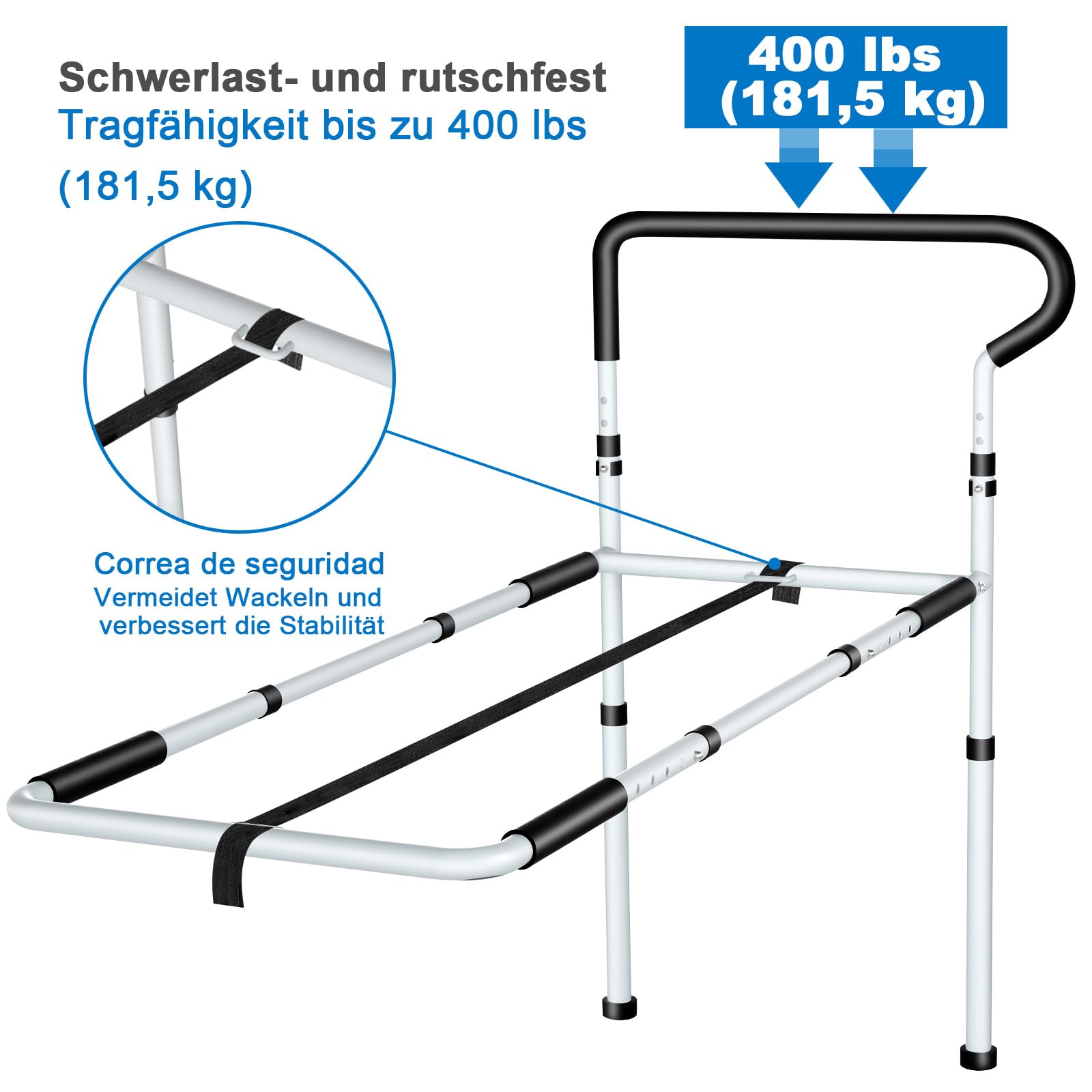 KingPavonini Aufstehhilfe Bett für Senioren, 400 LB Belastbarkeit | Bettgriff für postoperative Pflege, wackelfreie, verstellbare Füße & rutschfester Griff,höhen-/breitenverstellbar,werkzeuglos