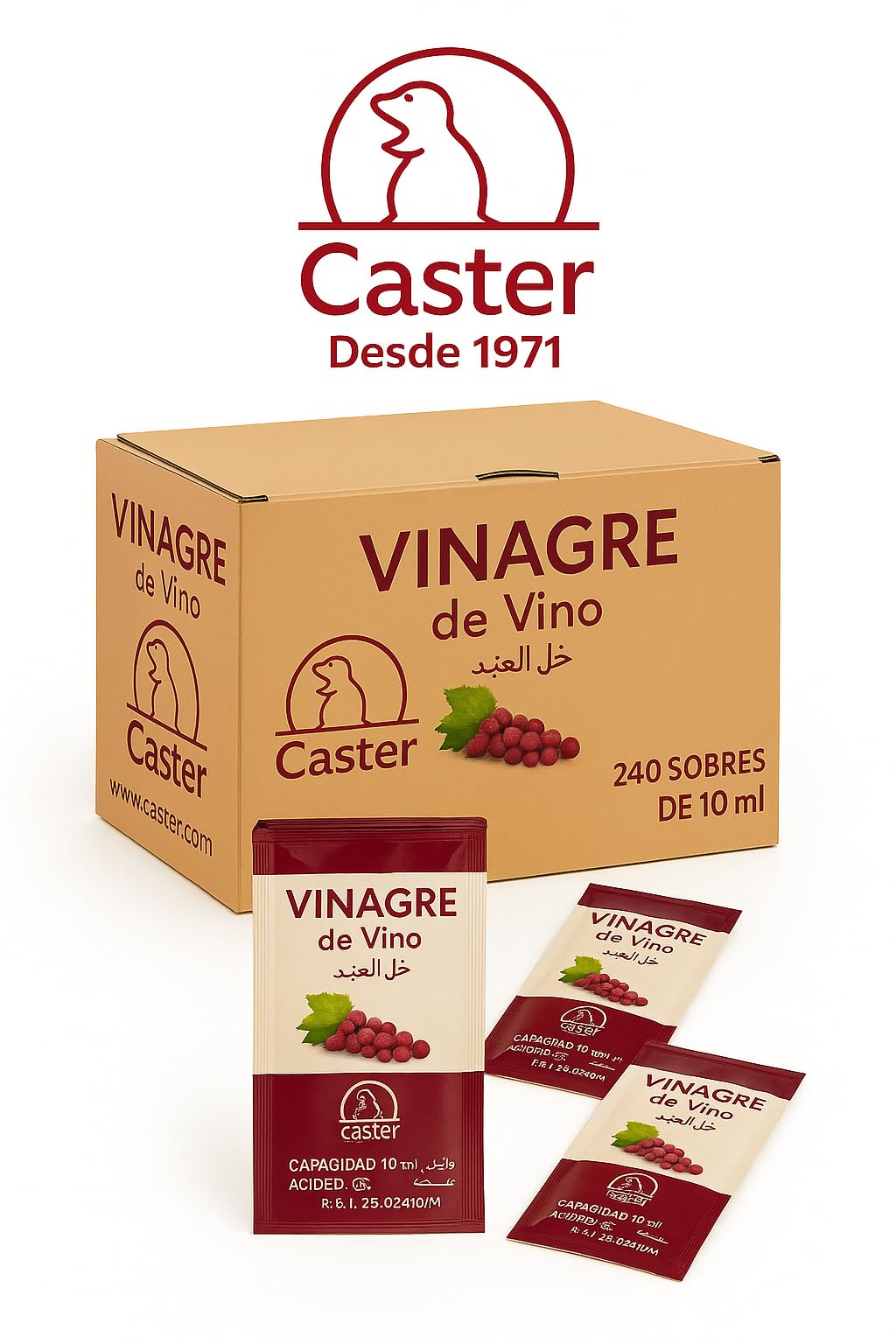 Vinagre de Vino Caster en Monodosis 10 ml – Caja Dispensadora con 210 Sobres Individuales – 100% Vinagre de Vino Español, Ideal para Hostelería, Restauración, Catering y Uso Diario en Casa