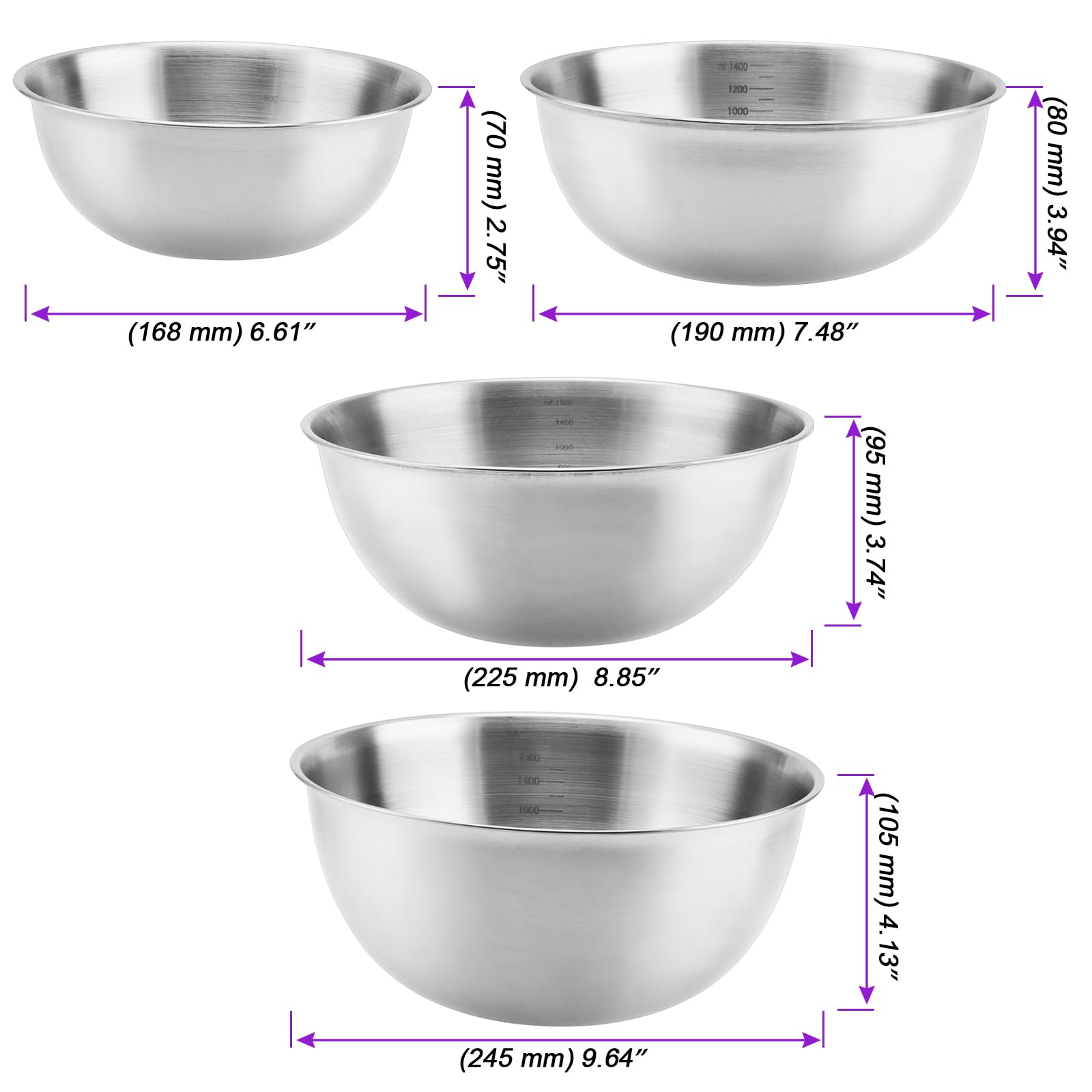 6-częściowy zestaw misek metalowych, zestaw misek ze stali nierdzewnej w 4 rozmiarach od 800 ml 1200 ml 1800 ml 2200 ml, misek odpornych na mycie w zmywarce ze skalą, miski do mieszania