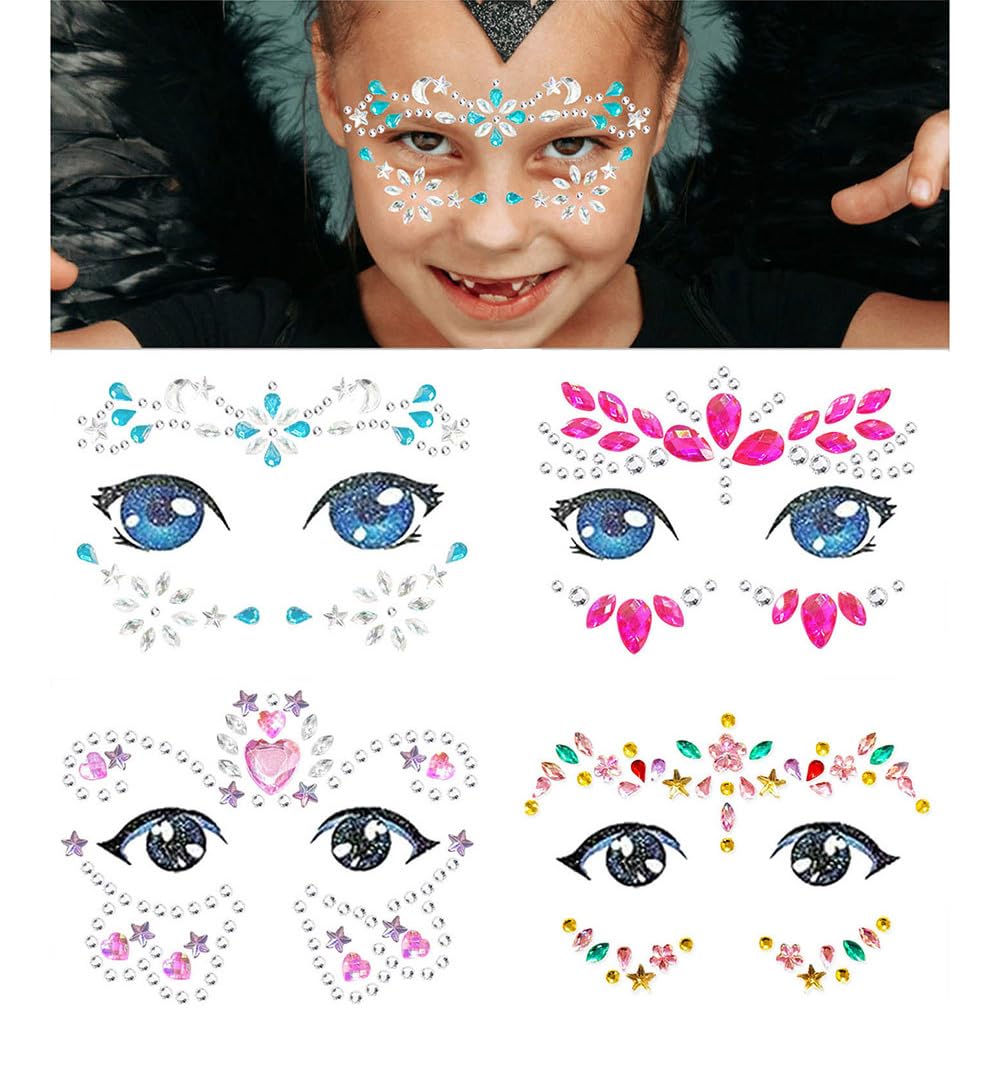 Kids Festival Face Jewels Gems – 4 Pack Sparkly Face Stickers & Crystal Temporary Tattoos – Fun Rhinestone Makeup for Girls for Halloween, Birthday, Christmas & Dress-Up Play 4 PCS