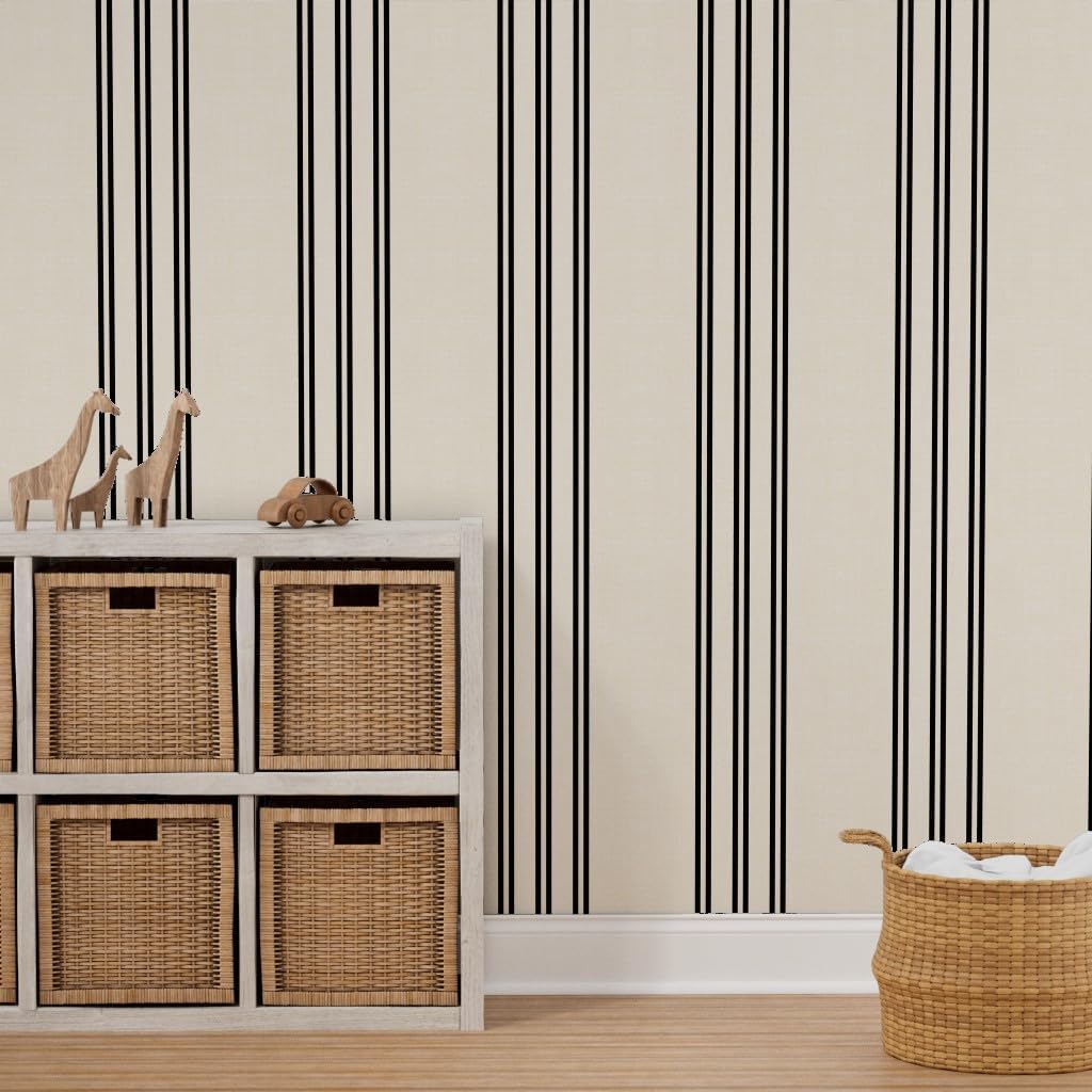 Spoonflower Peel & Stick Wallpaper 9ft x 2ft - Simple Stripe Black Cream Tan Minimal Timeless Farmhouse Weathered Large Scale Custom Removable Wallpaper