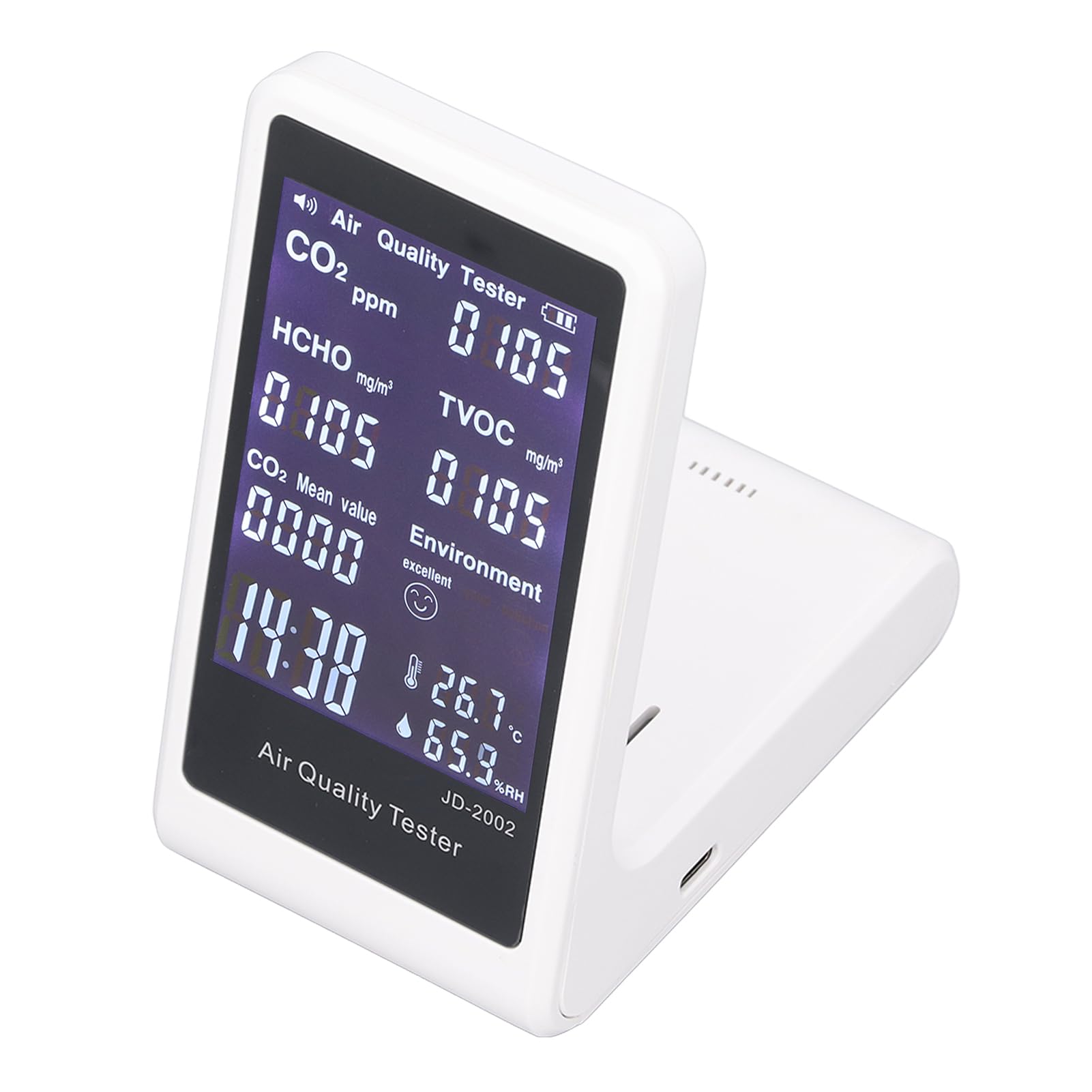 Luftqualitätsmonitor, CO2-Detektor, Automatischer Alarm, Temperatur, Luftfeuchtigkeit, Echtzeitprüfung, Wiederaufladbar für Detektor