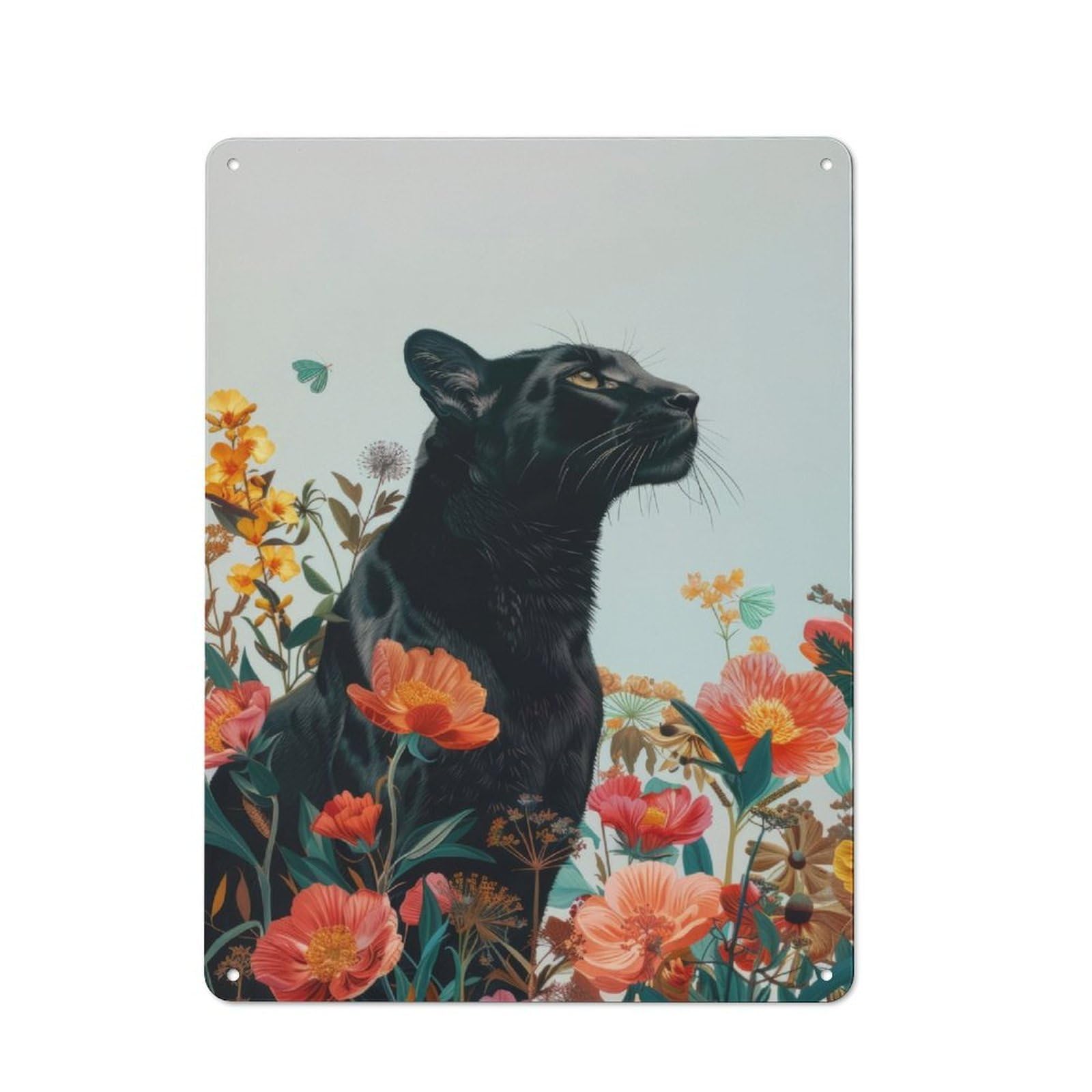 Junmoney Black Panther Botanical Metal Wall Sign 40X30cm, Modern Retro Loft Wall Plaque For Flat, Bar, Studio Or Gallery Wall