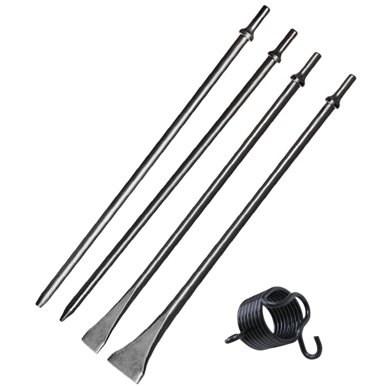 Pneumatic Air Chisel Set with Air Hammer Spring, 7/32" x 18" Point Tip，3/8" x 18" Point Tip，3/4" x 18" Flat Chisel, 2" Wide 18" Long Scaling Chisel Floor Scraper, 0.401 Inch Shank Air Tool