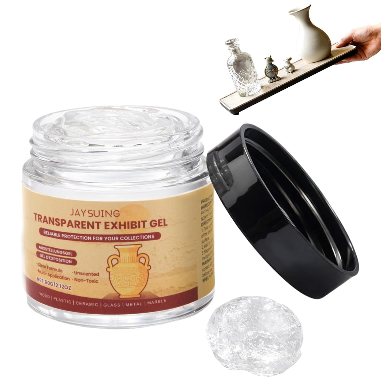 Museum Putty 60g, Removable Clear Exhibit Gel Wax, Residue Free and Reusable Museum Gel for Securing Antiques, Glass, Ceramic, Collectible Figures and Home Decor