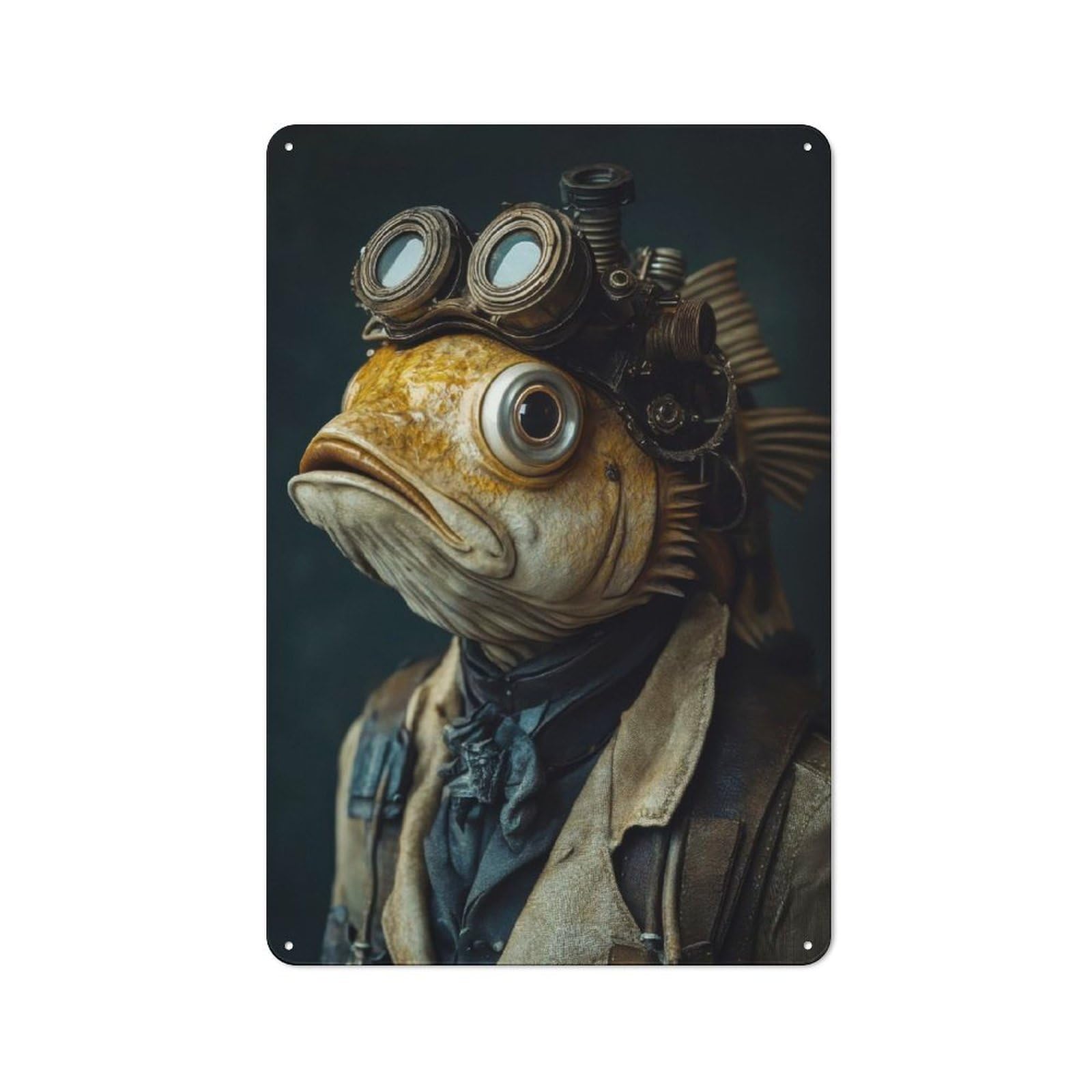 Funny Steampunk Fish Creature Metal Wall Sign 30x20cm, Clean Industrial Loft Wall Plaque for Workspace, Cafe, Hallway Or Garage
