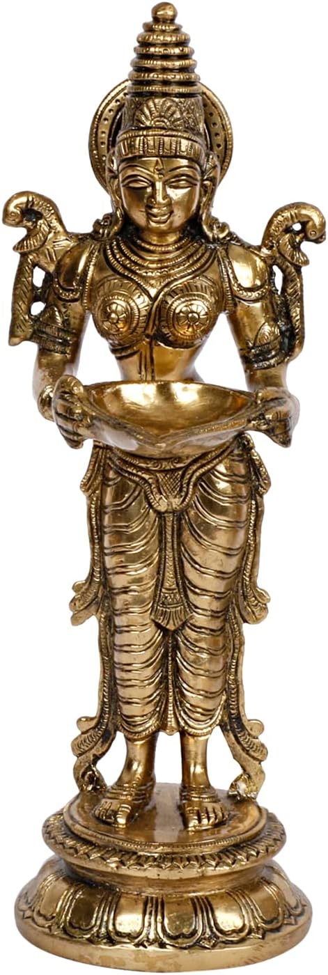Kartique Brass Large Deeplaxmi Statue for Home Entrance Decor Oil Lamp Diya Deepam Antique Gold Color