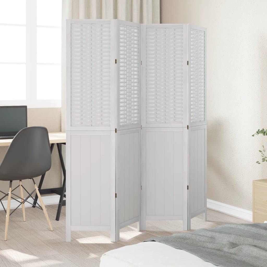 Cloison de séparation Blanche 4 Panneaux Pliable en Bois de Paulownia Massif, séparateur de pièce en Bambou Naturel avec Cadre Stable et charnières métalliques pour intérieur