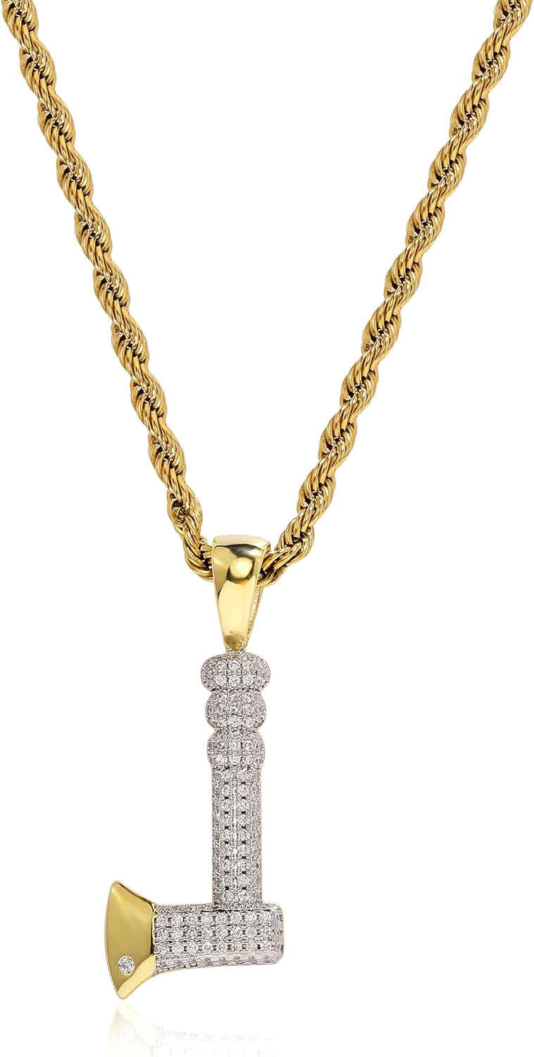 14K Gold-Plated Nano-Axe Pendant Necklace with Clear Zircon Stones, Solid Pendant with Engraved Message, 20-Inch Gold-Plated Stainless Steel Rope Chain Necklace for Men