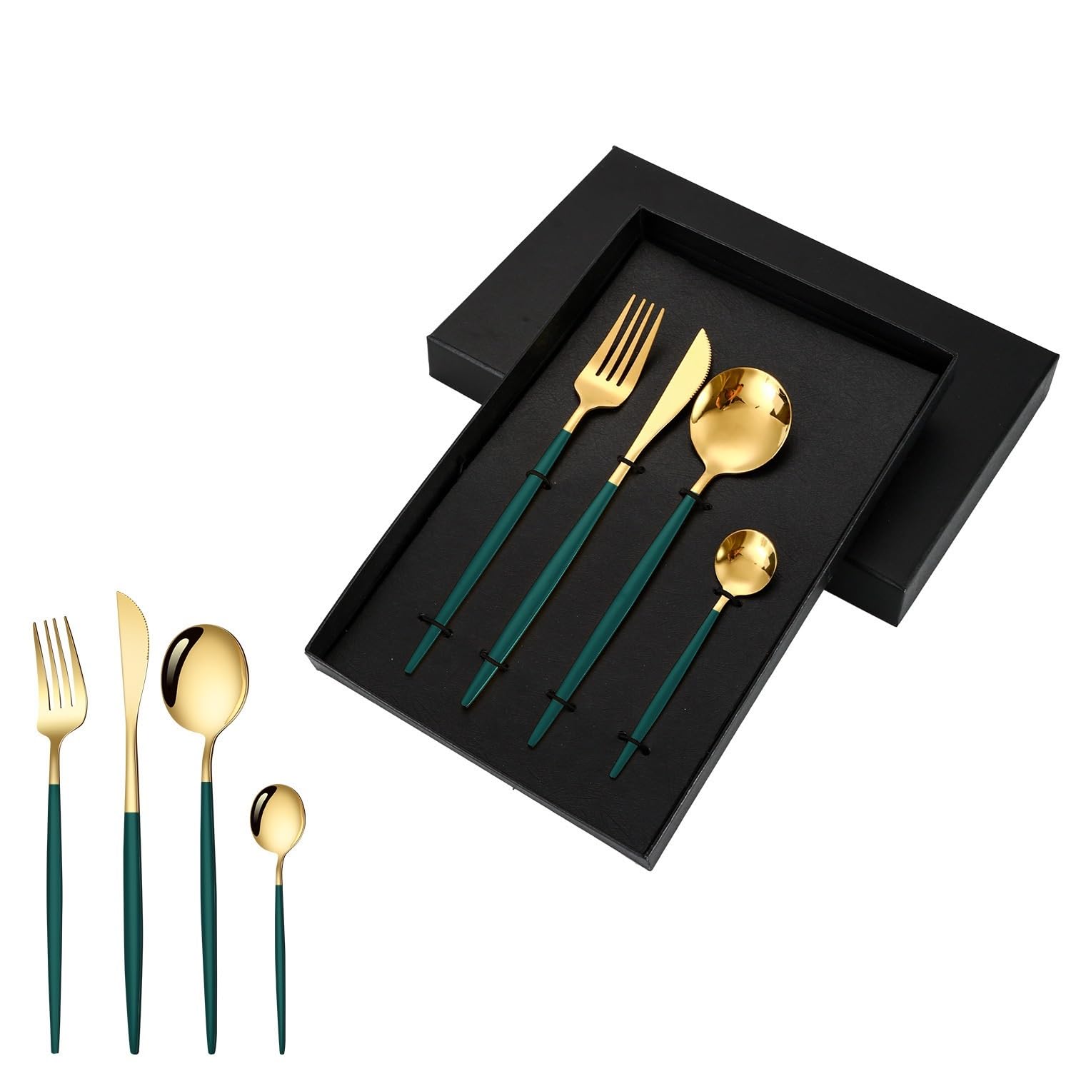 Service de Couverts en Acier Inoxydable Portugais, Coffret Cadeau 4/16/24/32/40/48 pièces, idéal pour Les Repas à la Maison ou à l'hôtel. Couleurs : Vert et Or - 32 pièces pour 8 p