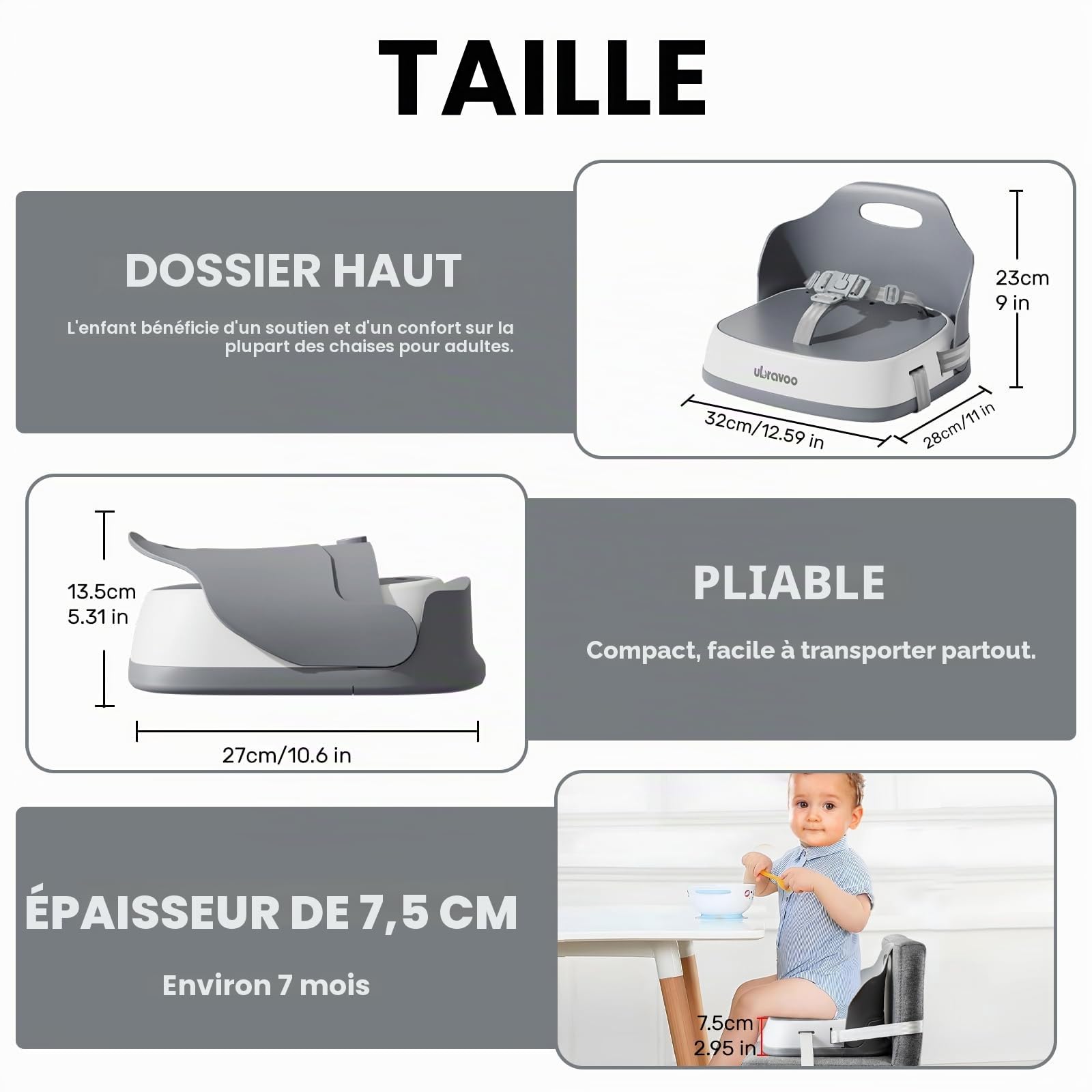 UBRAVOO Siège d'appoint Portable pour salle à manger, chaise haute de voyage avec harnais à 3 points et 2 sangles réglables, chaises lavables pour bébé de 6 mois et plus assis (Gris)