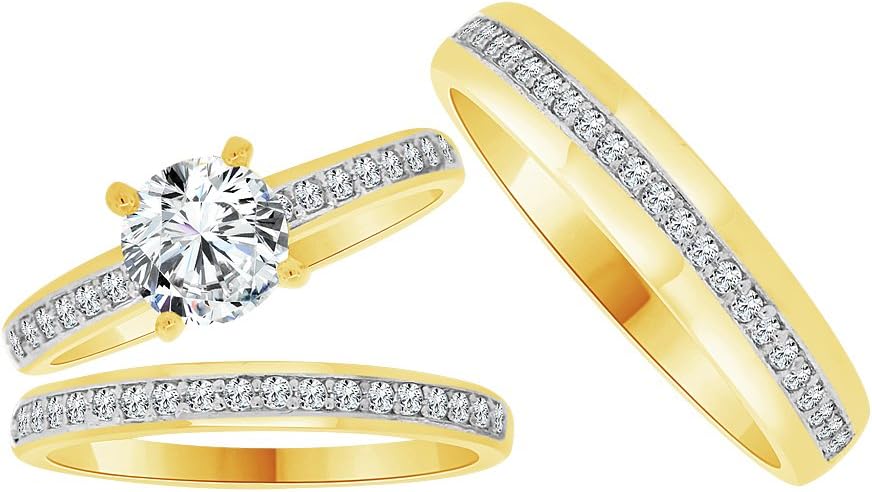 14k Yellow Gold White Rhodium, Trio 3 Piece Set Wedding Rings Round Created CZ Crystals 1.0ct
