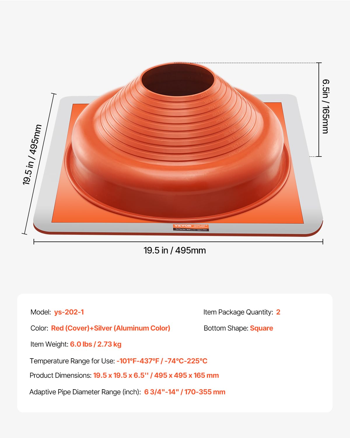 VEVOR 2 Botas de Tapajuntas para Tuberías de Techo, Se Adaptan a Tuberías con Diámetro Exterior de 170-355 mm, Tapajuntas Flexible de Silicona para Tuberías de Techo, -74 ℃-225 ℃, 495 x 495 x 165 mm