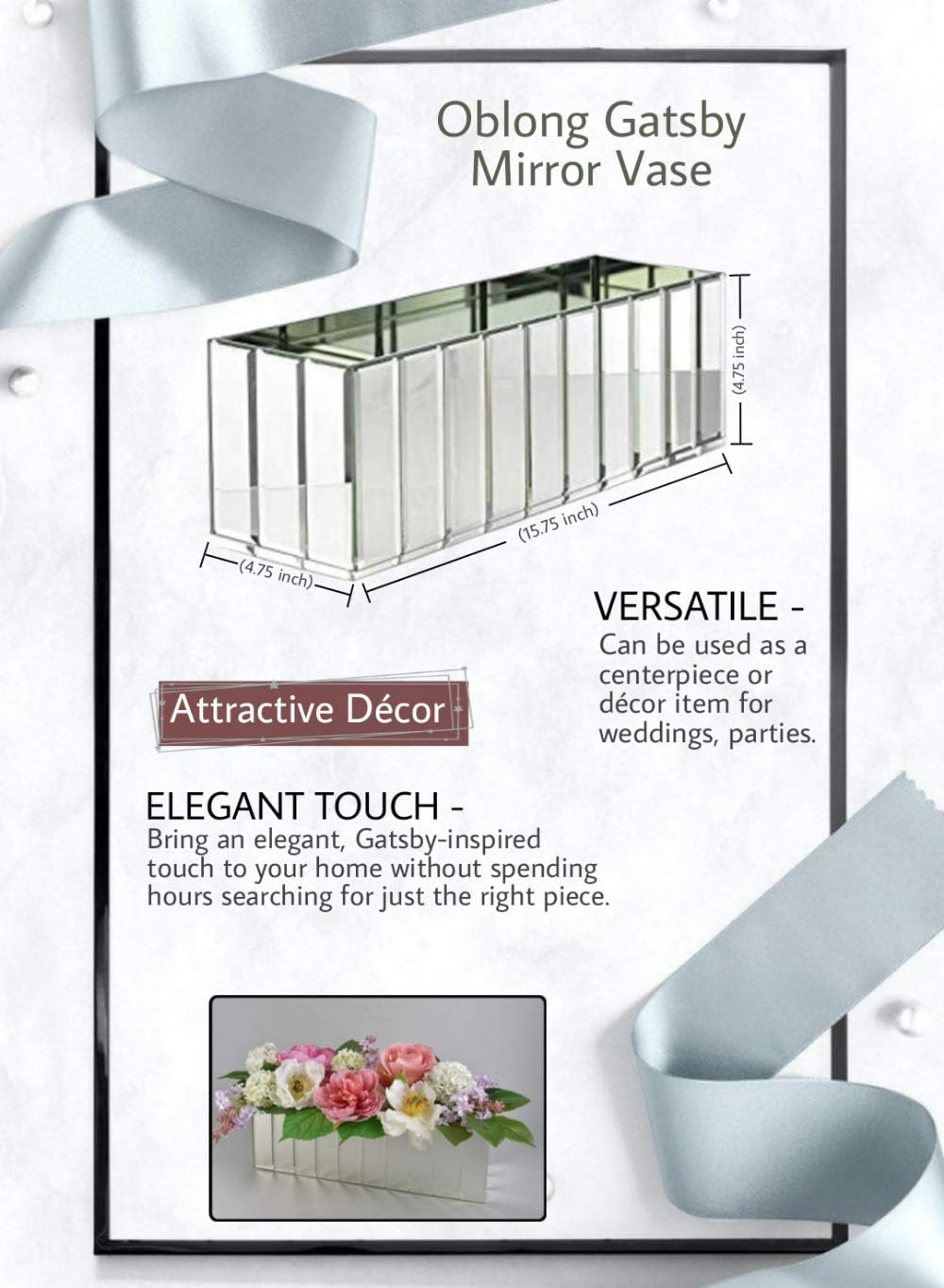 Serene Spaces Living Gatsby-Inspired Oblong Mirrored Vase – Luxe Beveled Glass Centerpiece for Weddings, Events & Home Decor – Rectangular Mirror Flower Vase – 15.75"L x 4.75"W x 4.75"H