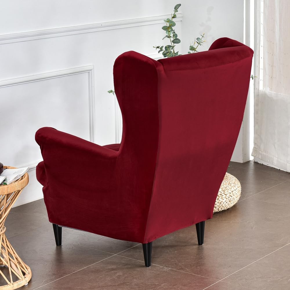 Wingback Chair Covers 2 Piece, Velvet Wing Chair Slipcover Stretch Slipcovers for Wing Chair Armchair Cover with Elastic Bottom, Furniture Protector for Living Room Bedroom (Burgundy red)