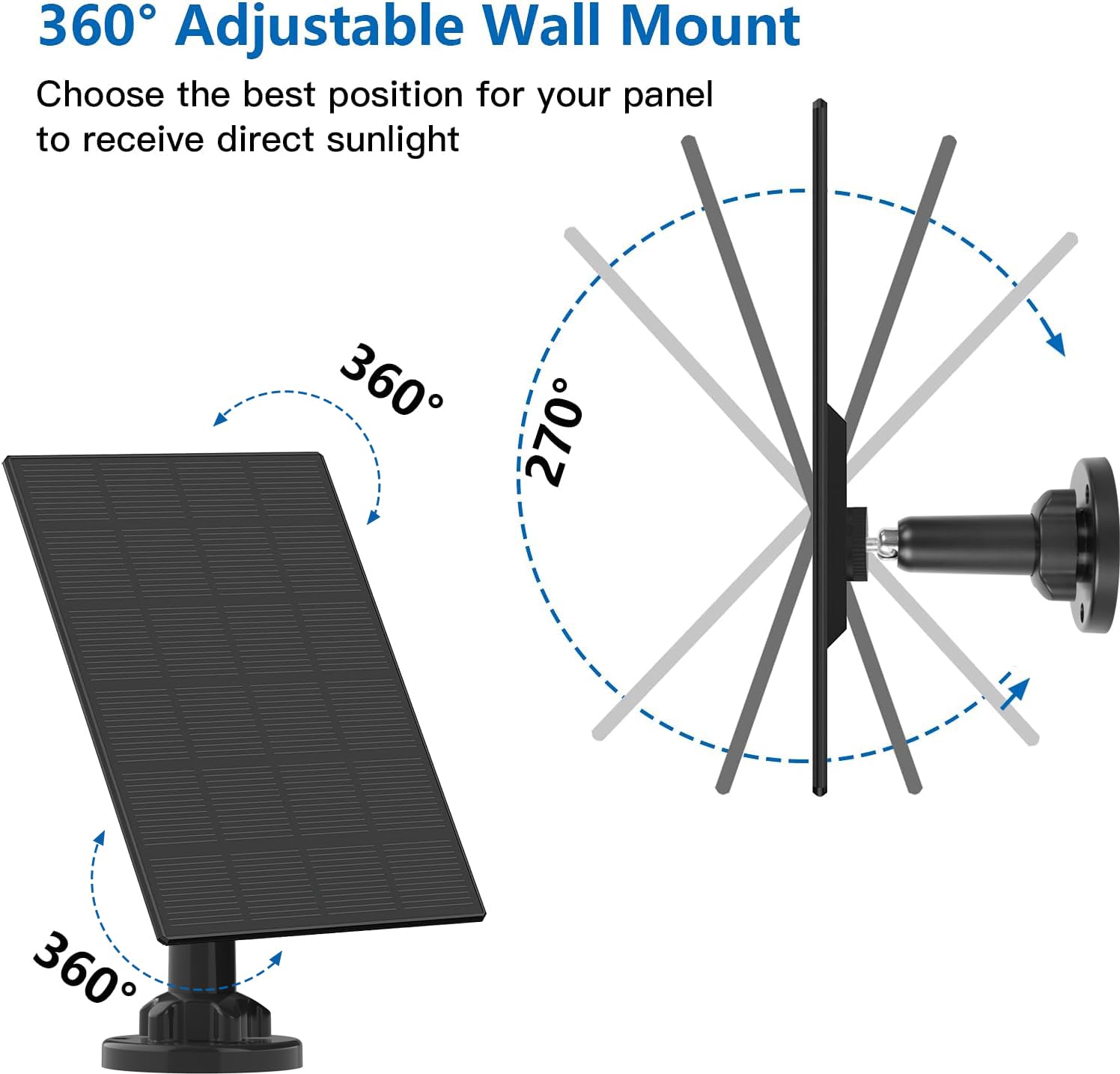 Panneaux solaires pour caméra de sécurité extérieure sans fil, alimentation solaire étanche, compatible avec batterie rechargeable DC 5 V, câble de charge de 3 m, support de montage réglable