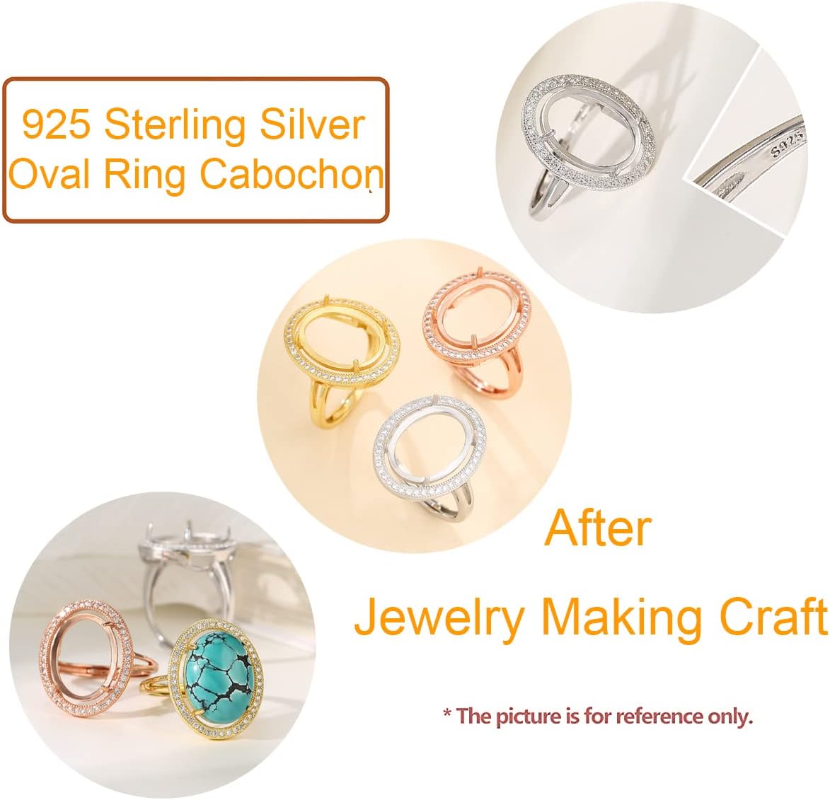 925 Sterling Silver Adjustable CZ Ring Base for 6X8/7X9/8X10/12X16mm Oval Gemstone Ring Cabochon Setting Jewelry Finding Making Personalized Gift for Women
