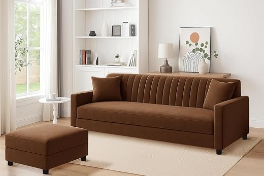 DIVISHA HOMES 3 Seater Wooden Sofa with Ottoman, Soft Velvet Upholstery, Stylish Compact Design for Living Room, Office, G...