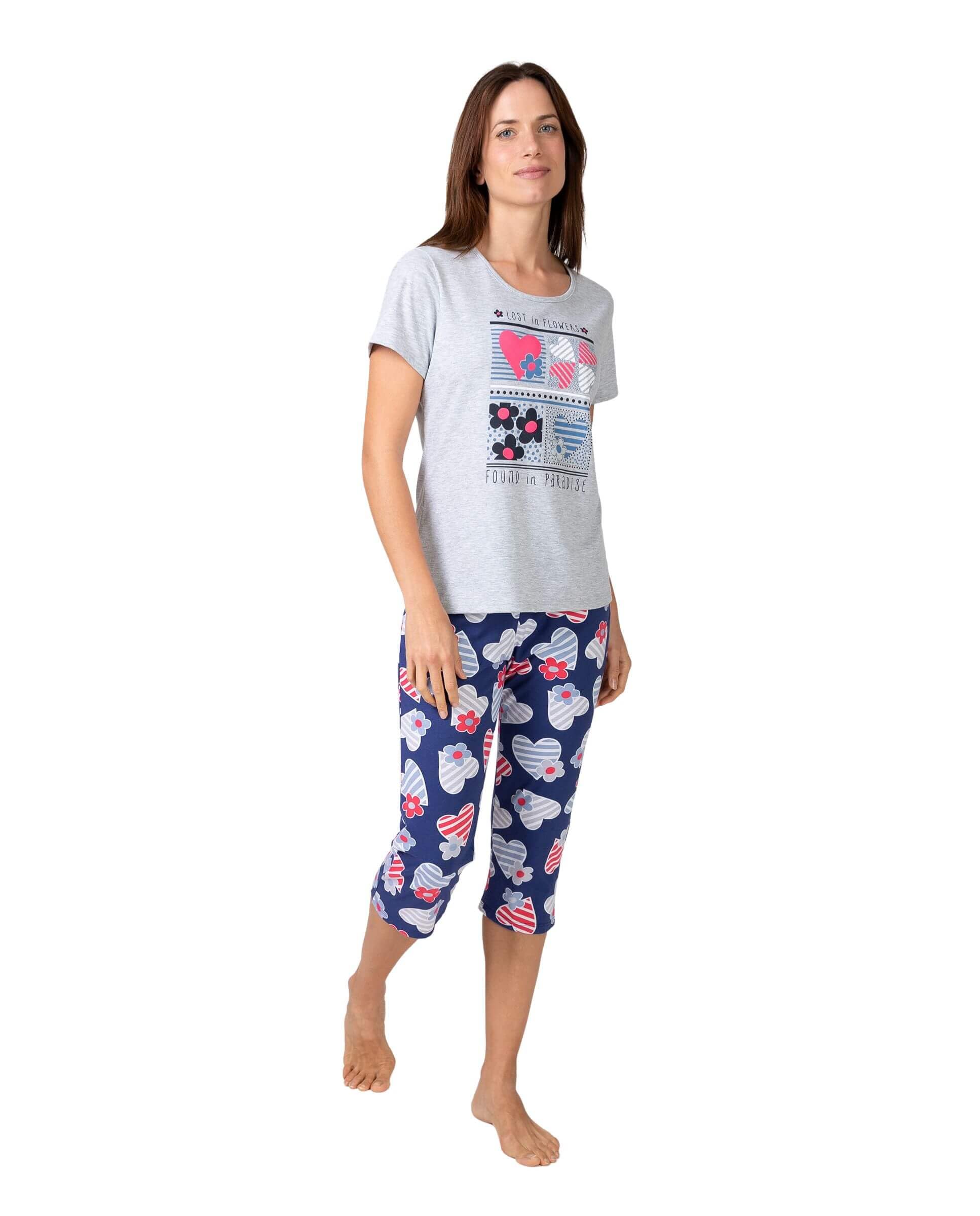MASSANA Pijama de Mujer P261220, Manga Corta y Pantalón Pirata, Estampado Corazones y Flores, Algodón, Verano