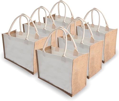 kaxilu Bolsa de yute blanca de arpillera de 14.5 x 10.7 x 6.5 pulgadas, 6 bolsas frontales de lona, decoración práctica, bolso retro de mano, boda