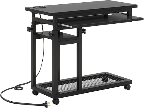 Miniatura 8 de Tribesigns Pequeño escritorio portátil con toma de corriente, sofá de altura ajustable, mesita de noche para laptop con ruedas, escritorio móvil de