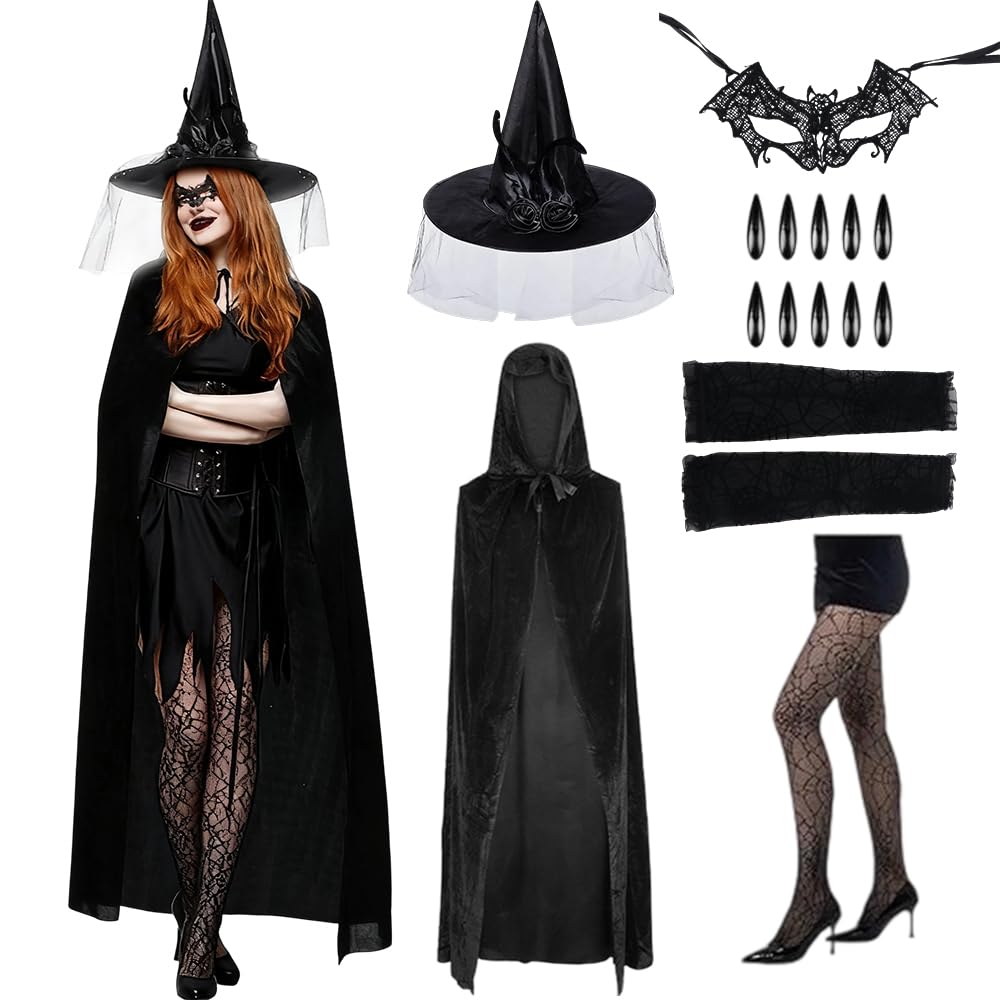 17pcs Black Witch Costume Adult, Halloween Costumes Adult Women, Witch hat, Adults Vampire Hooded Cloak, Lace Eye Mask, Gloves, Stockings, Nails, Perfect for Halloween, Cosplay, and Themed Parties