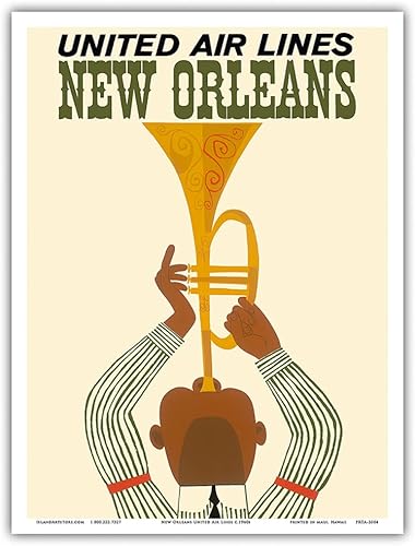 New Orleans - Trompetista de jazz - United Air Lines - Póster vintage de viaje de aerolínea c.1960s - Impresión artística maestra de 9 x 12 pulgadas