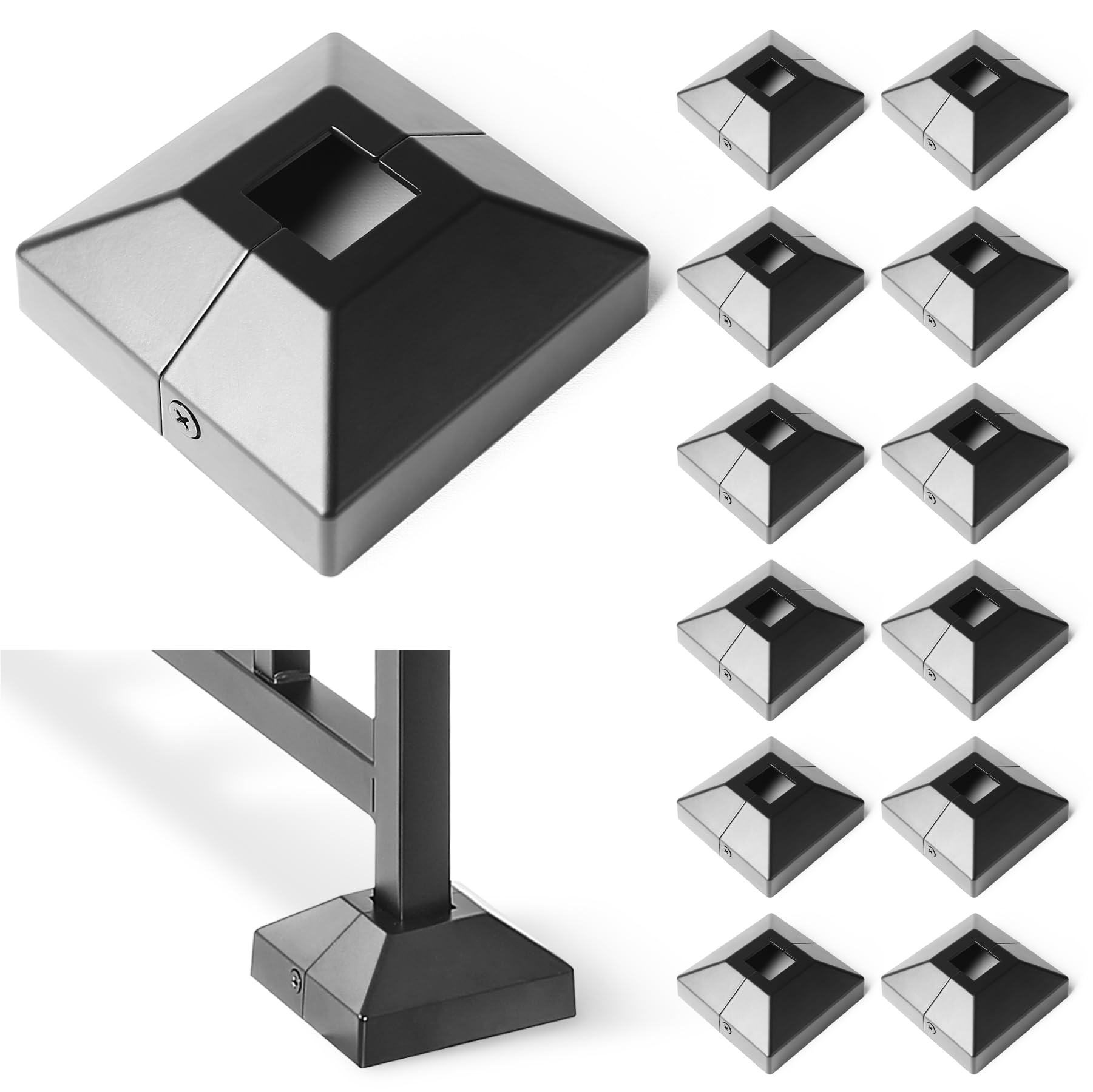 1.0"x1.0" Deck Post Base Cover Decorative Aluminum, Split Post Cover Skirts Trim for Deck Railings丨Stairs Black 12Pack
