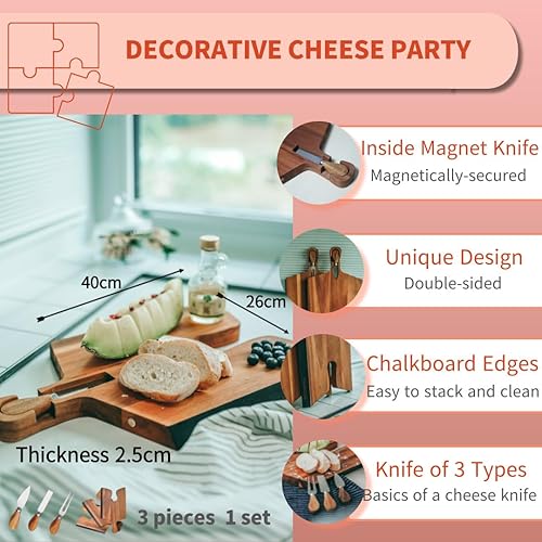 Miniatura 3 de Tabla de queso de acacia con asas de rompecabezas, cuchillo, regalo perfecto para inauguración de la casa, tabla de charcutería, tablas de cortar de