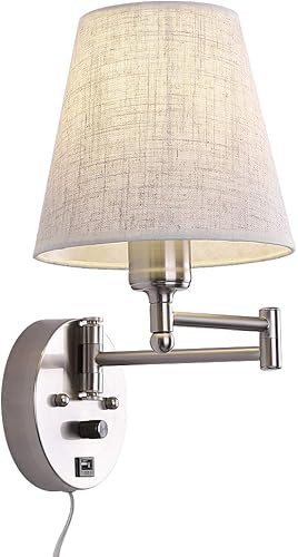 Lámpara de pared para mesita de noche con interruptor regulable y puerto USB, lámpara de pared con brazo oscilante con cable enchufable, lámpara de