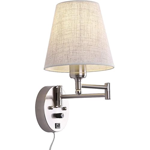 Affsure Bedside Wall Mount Light with Dimmable Switch and USB Port, Swing Arm Fabric Shade Wall Sconce Light with Plug in Cord, Wall Lamp Perfect for Bedroom, Living Room and Hotel
