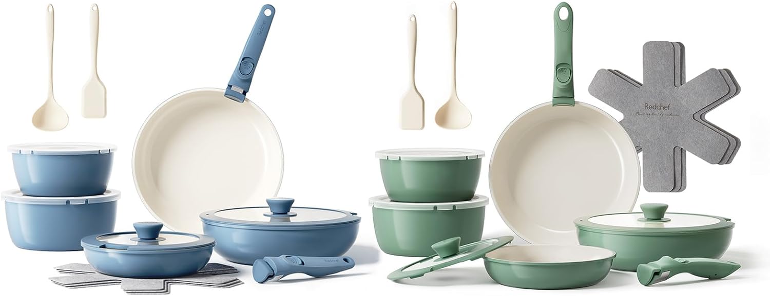 Redchef 32pcs Ceramic Pots and Pans Set Non Stick, Nonstick Kitchen Cookware Set with Detachable Handle, Non Toxic, PFAS PFOA & PTFE Free, RV Ceramic Cookware Set for Camping, Dishwasher/Oven Safe