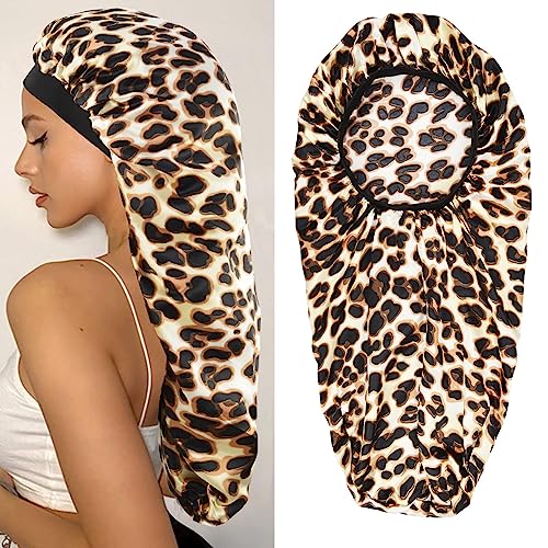 Image of Luvbestaken Long Silk Satin Bonnets for Sleeping Women Bonnet for Long Braids (Leopard)