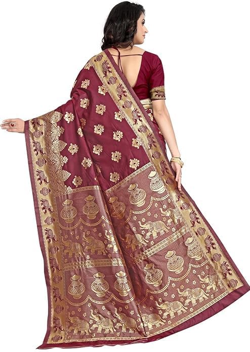 Women's Pure Soft Kanjivaram Silk Saree Banarasi Design Style With Blouse Piece for Partywear/wedding gift Diwali Gift item Indian saree Pack Of 1(Maroon)