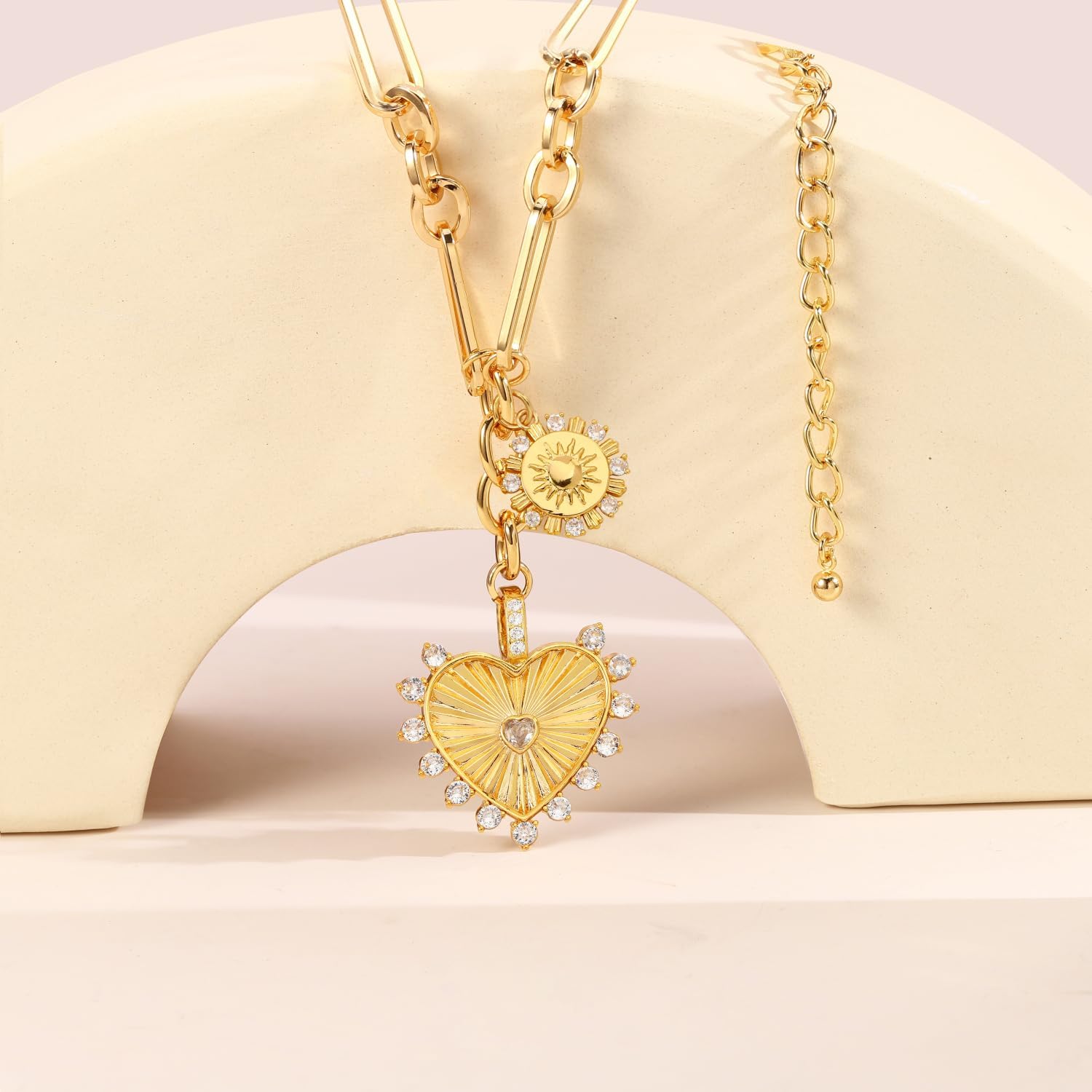 Sun Heart Pendant Choker Necklace for Women,18K Gold Plated Multi Pendants Chunky Paperclip Chain Hip Hop Neutral Jewelry - Image 7