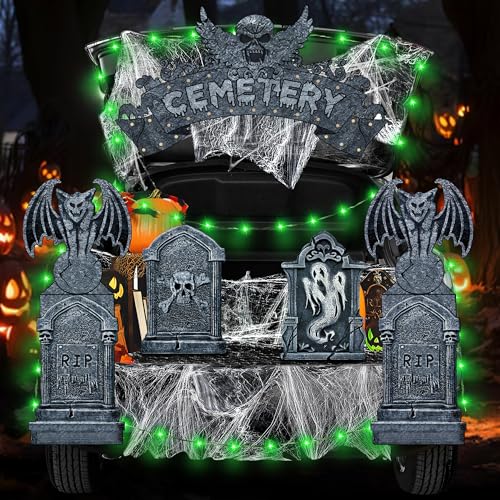 Halloween Trunk or Treat Car Decorations Kits - Cemetery Style with Tombstone Spider Web Halloween Decor for SUV Garage Door Entryway Archway Party Supplies with String Lights