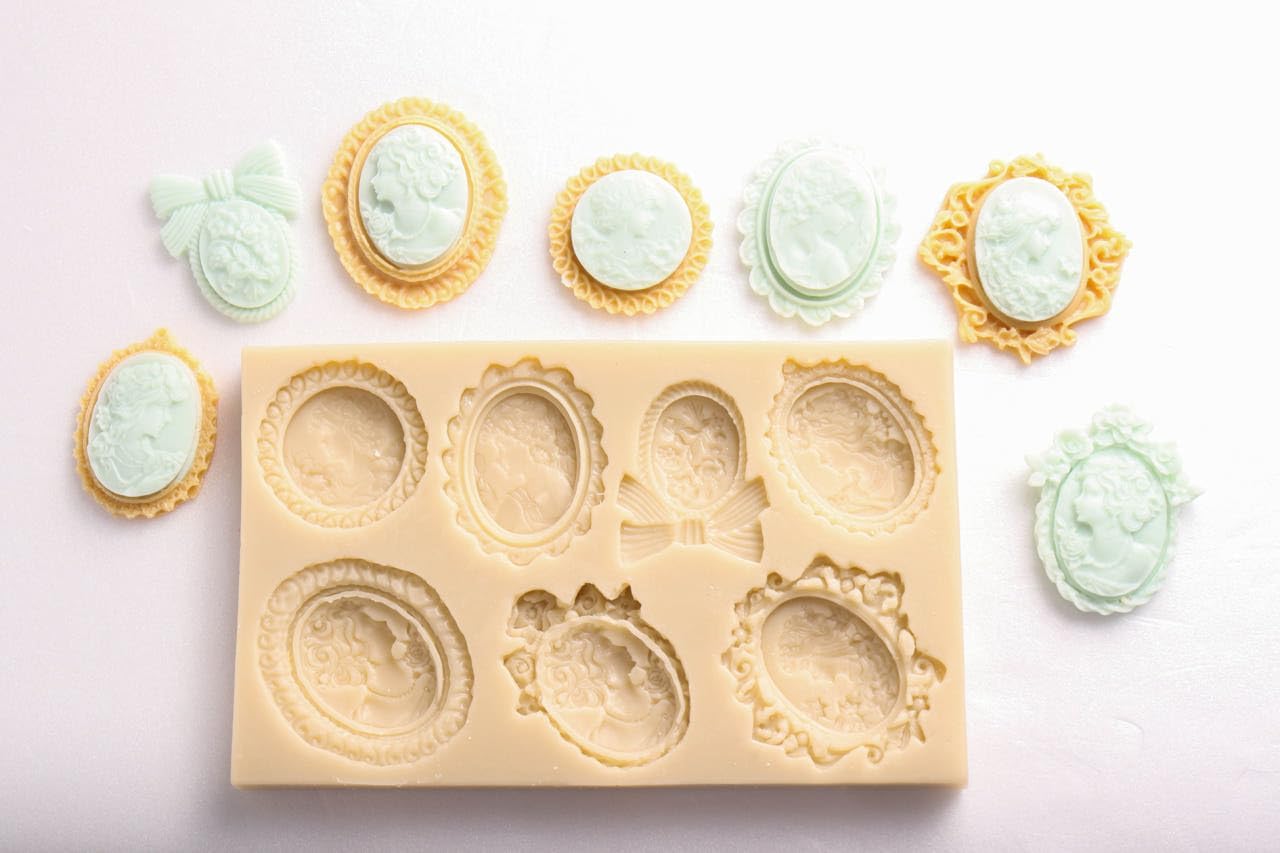 7-Cavity Antique Cameo Woman Silicone Mold – Vintage Brooch Style Crafting Tray for Soap, Wax, Plaster, Candle Making – Detailed Victorian Oval Design for DIY Crafts & Decor