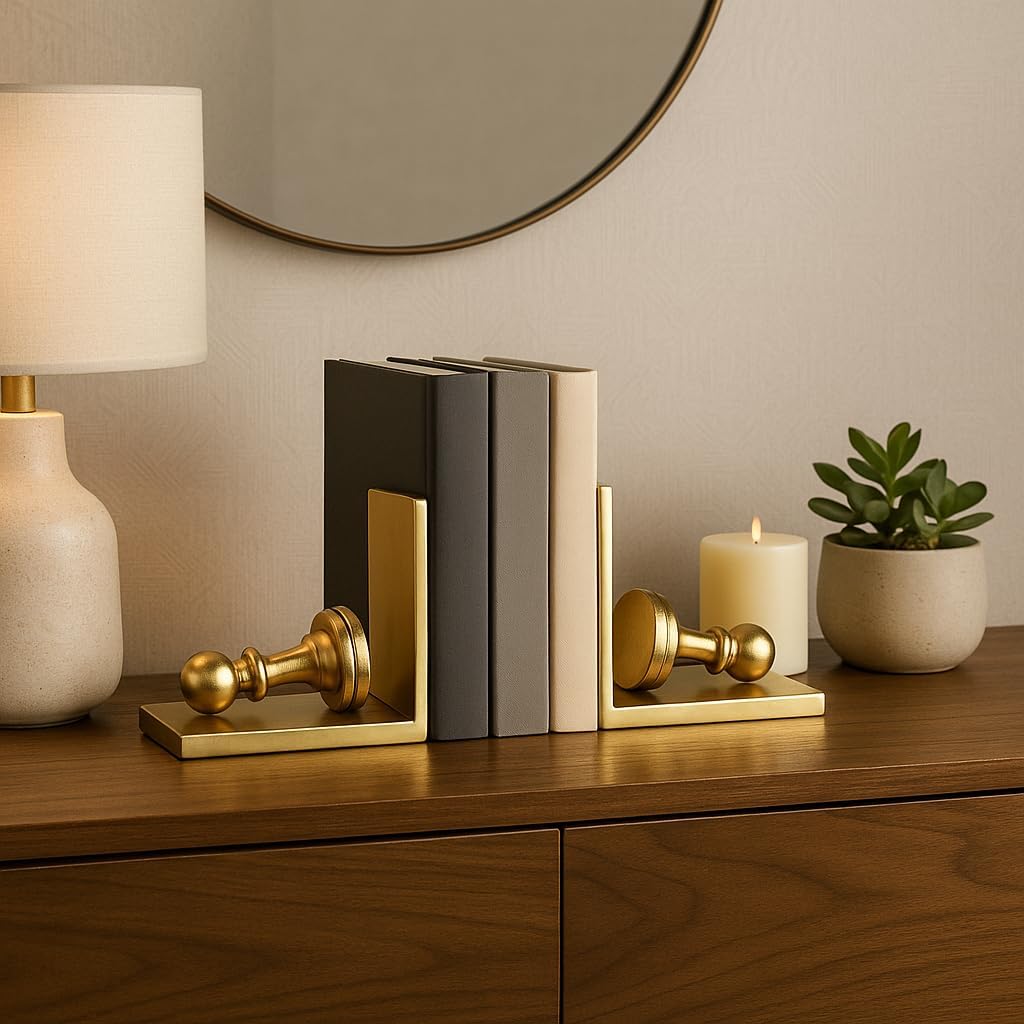 Decorative Chess Pawn Piece Bookends - Contemporary Artful Book Ends for Bookshelf Decor or Book Accessories - Stylish Office Space Accent, Desk Decor, or Console Table - Set of 2, 6", Gold
