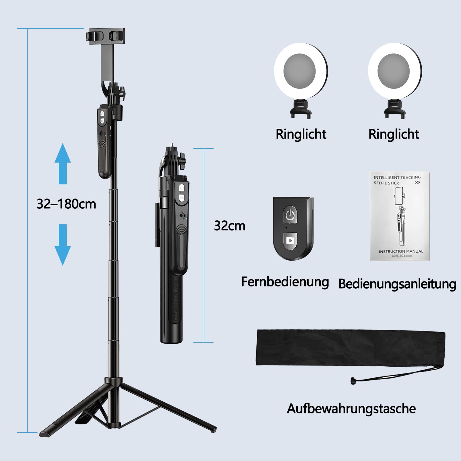 yAyusi 360° Drehung Auto Face Tracking Stativ mit Licht, Keine App, 180cm Telefonstativständer mit Bewegungssensor, Gesichtskörper Handy Selfie Stick für Vlog/Live-Stream/Videoaufzeichnung