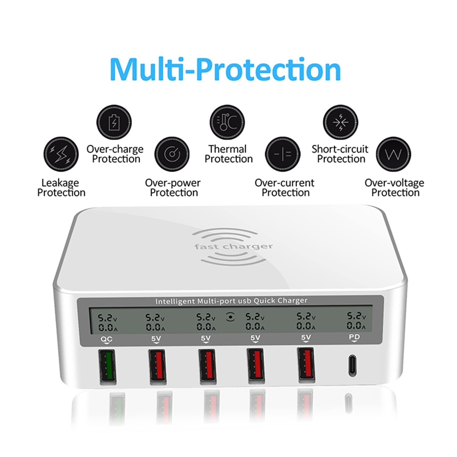 Chargeur USB, Station de charge USB 40 W, 6 ports USB rapides for station d'accueil, chargeur sans fil, organiseur de chargeur multi-appareils for téléphones, tablettes, smartphones(White wireless)