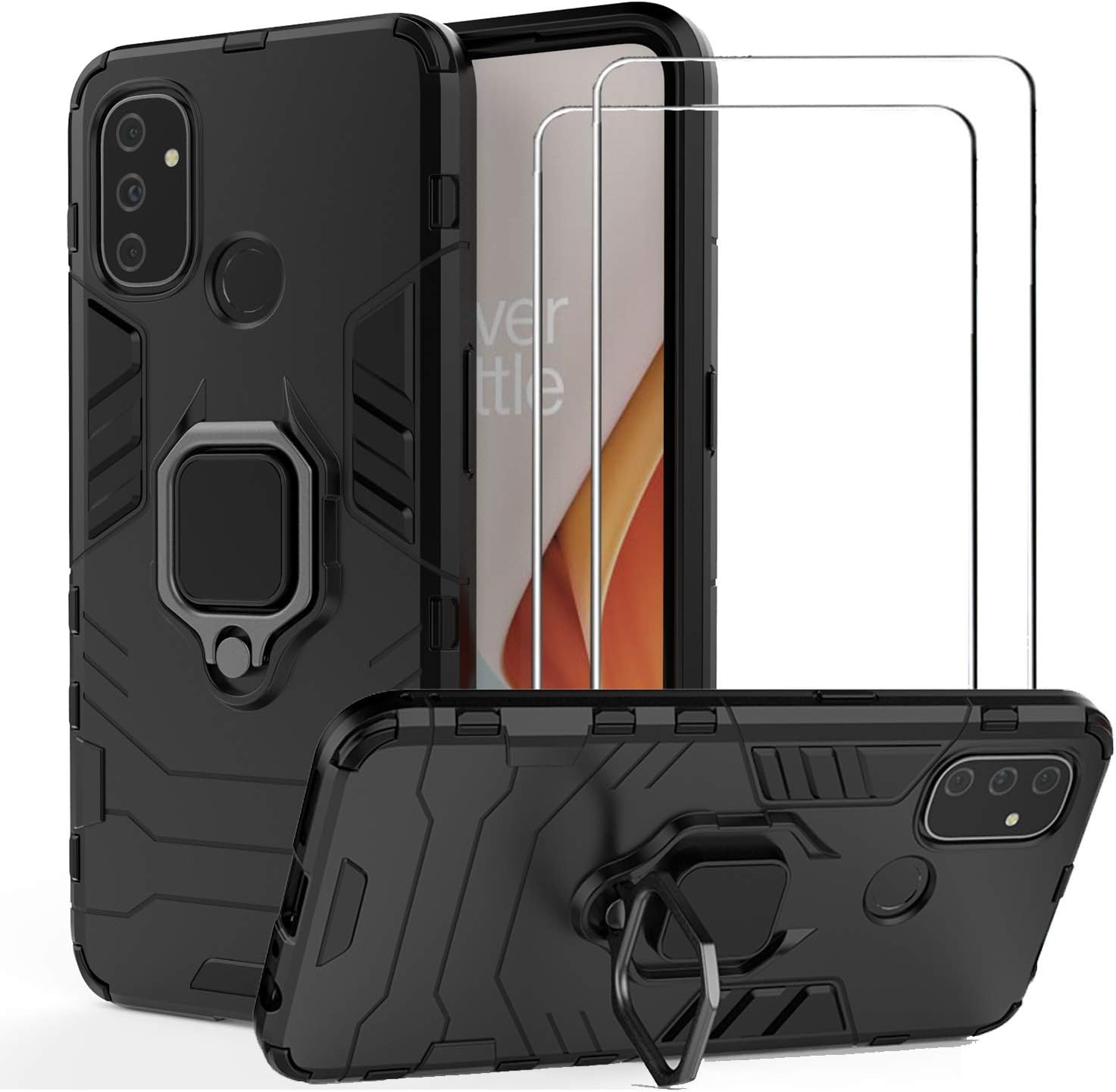 BestShare For OnePlus Nord N100 Case with Tempered Glass Screen Protector (2 Packs), Heavy Duty Armor Defender Anti-Scratch Kickstand Shockproof Cover & Ring Grip, Black