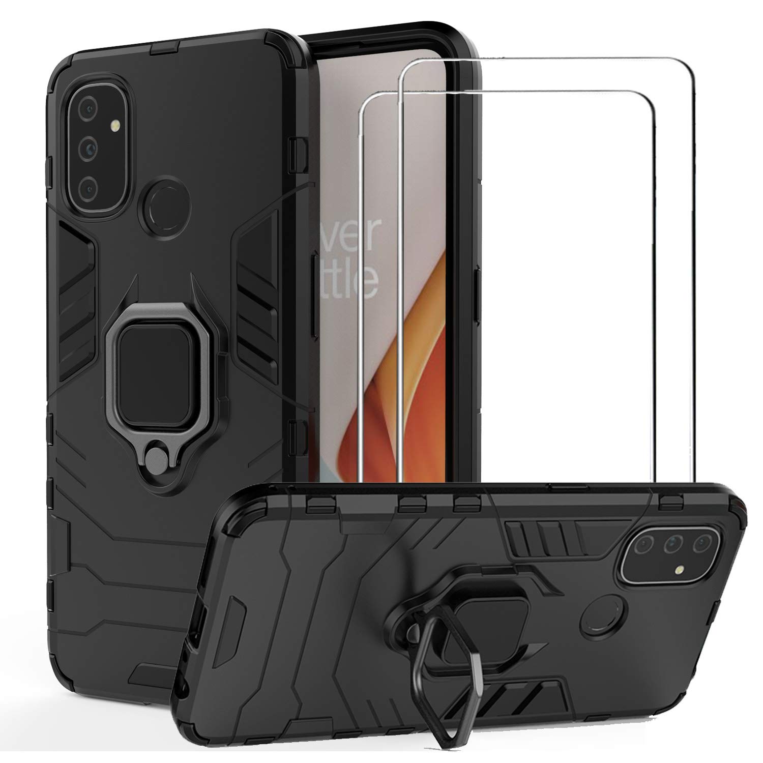 BestShare For OnePlus Nord N100 Case with Tempered Glass Screen Protector (2 Packs), Heavy Duty Armor Defender Anti-Scratch Kickstand Shockproof Cover & Ring Grip, Black